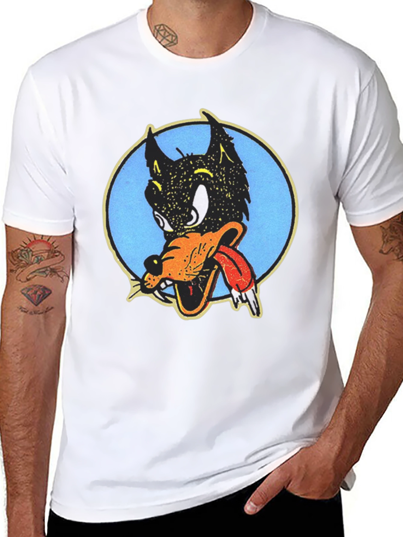 Cartoon Wolf Graphic Tee - Black Cotton T-Shirt