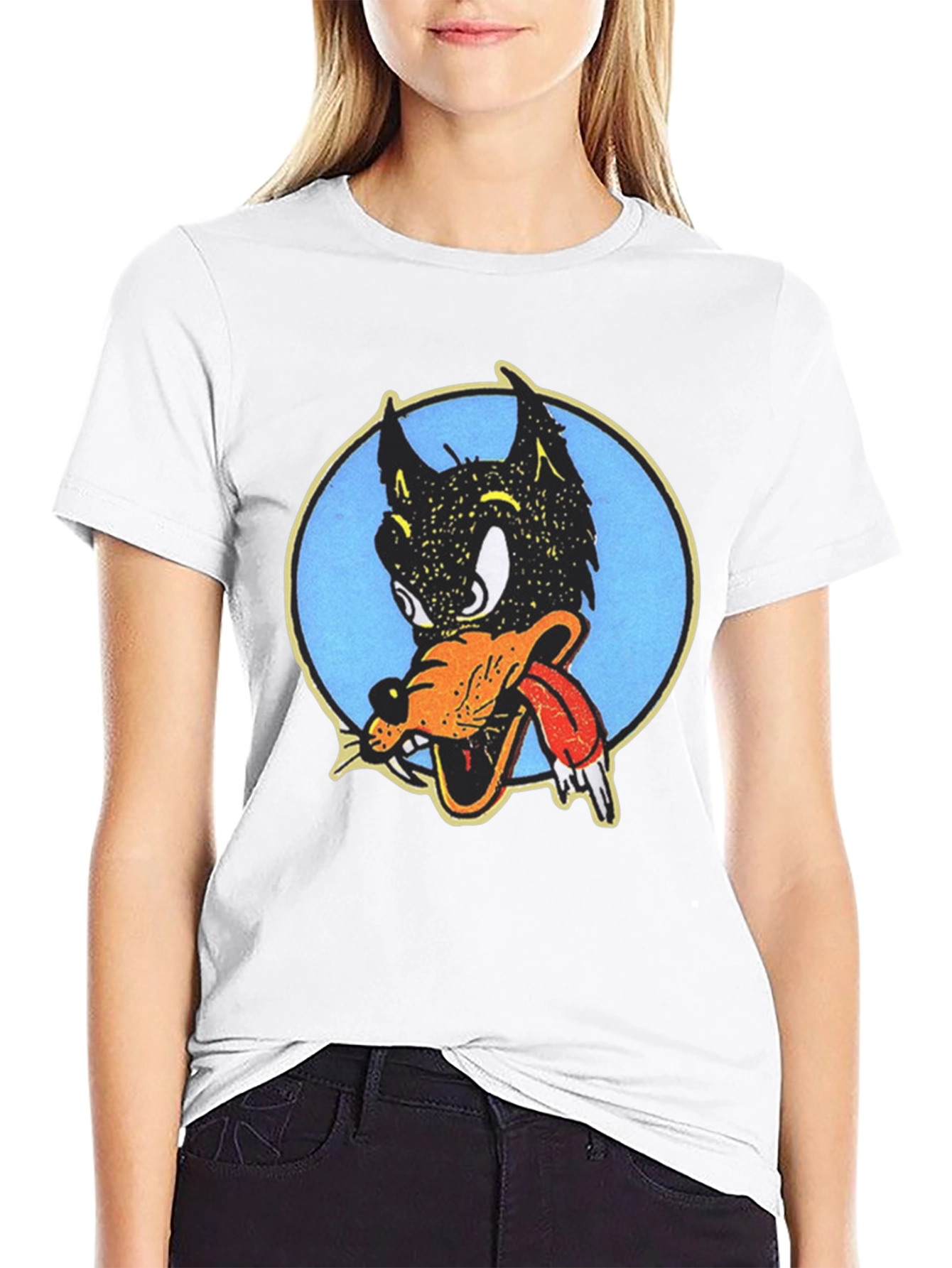 Cartoon Wolf Graphic Tee - Black Cotton T-Shirt