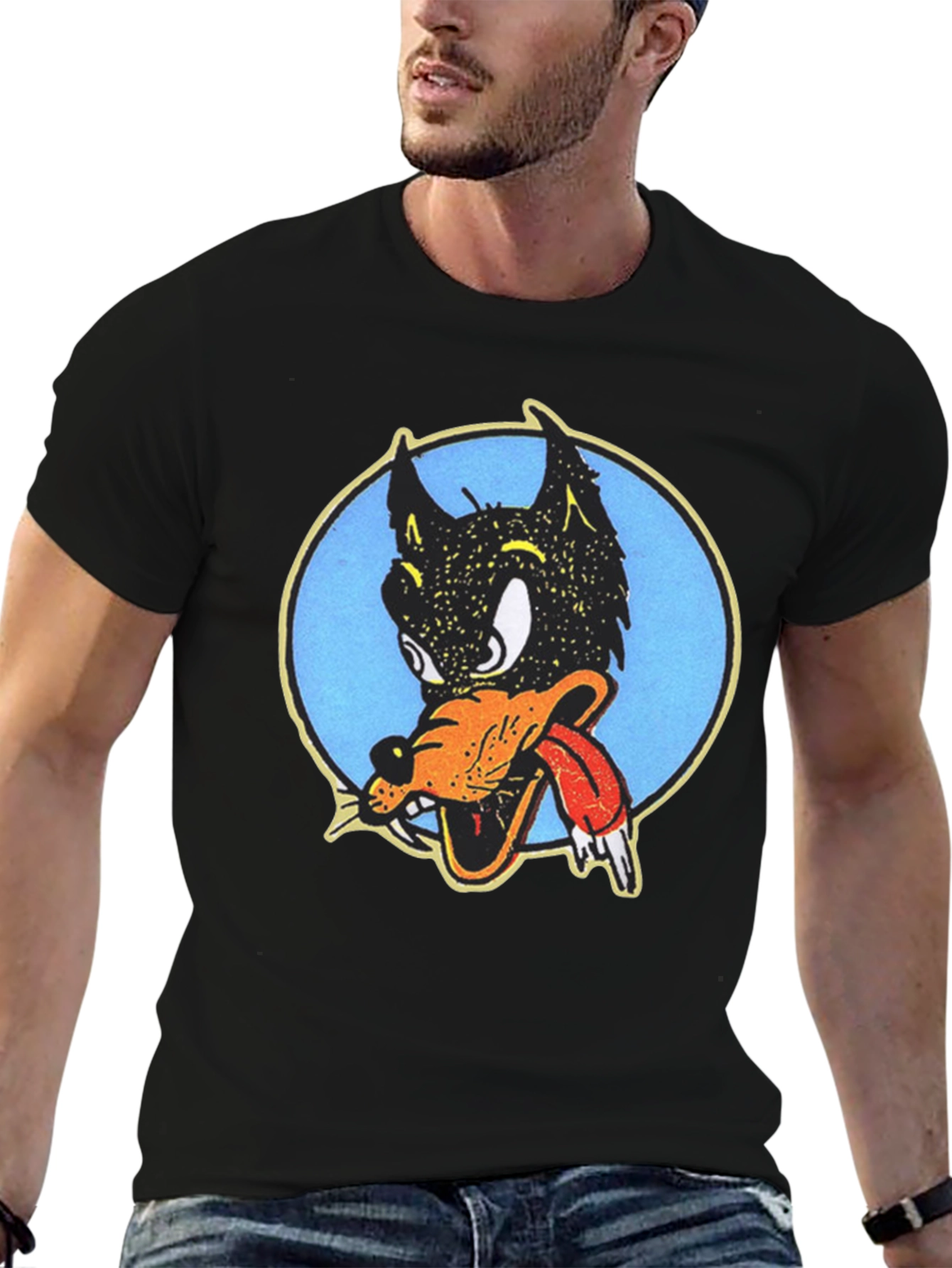 Cartoon Wolf Graphic Tee - Black Cotton T-Shirt