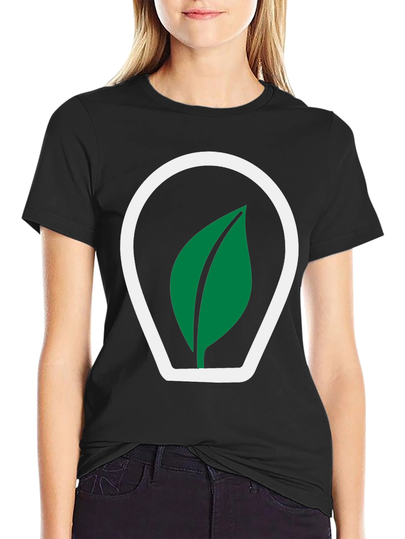 Black T-Shirt with Green Leaf Logo