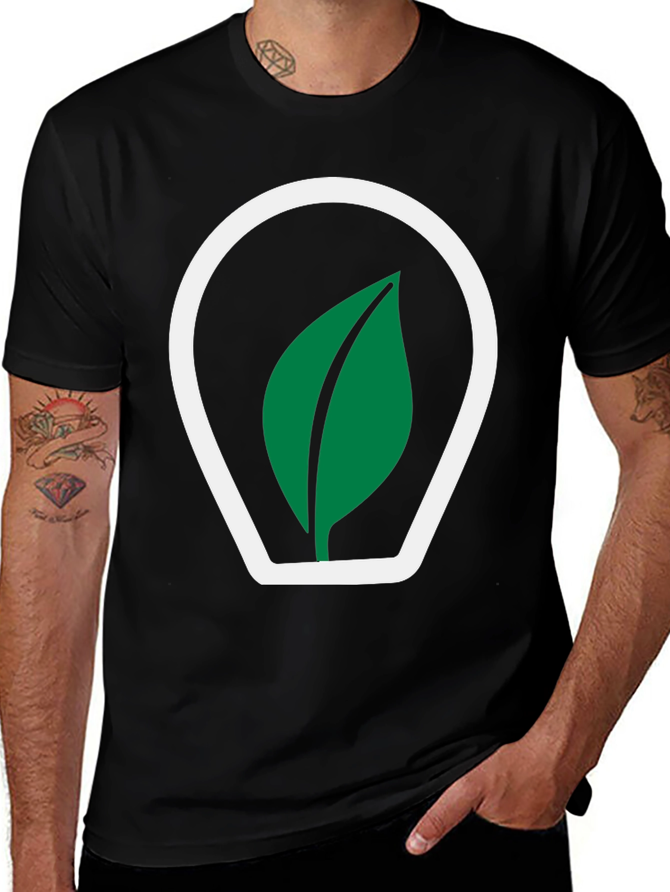 Black T-Shirt with Green Leaf Logo