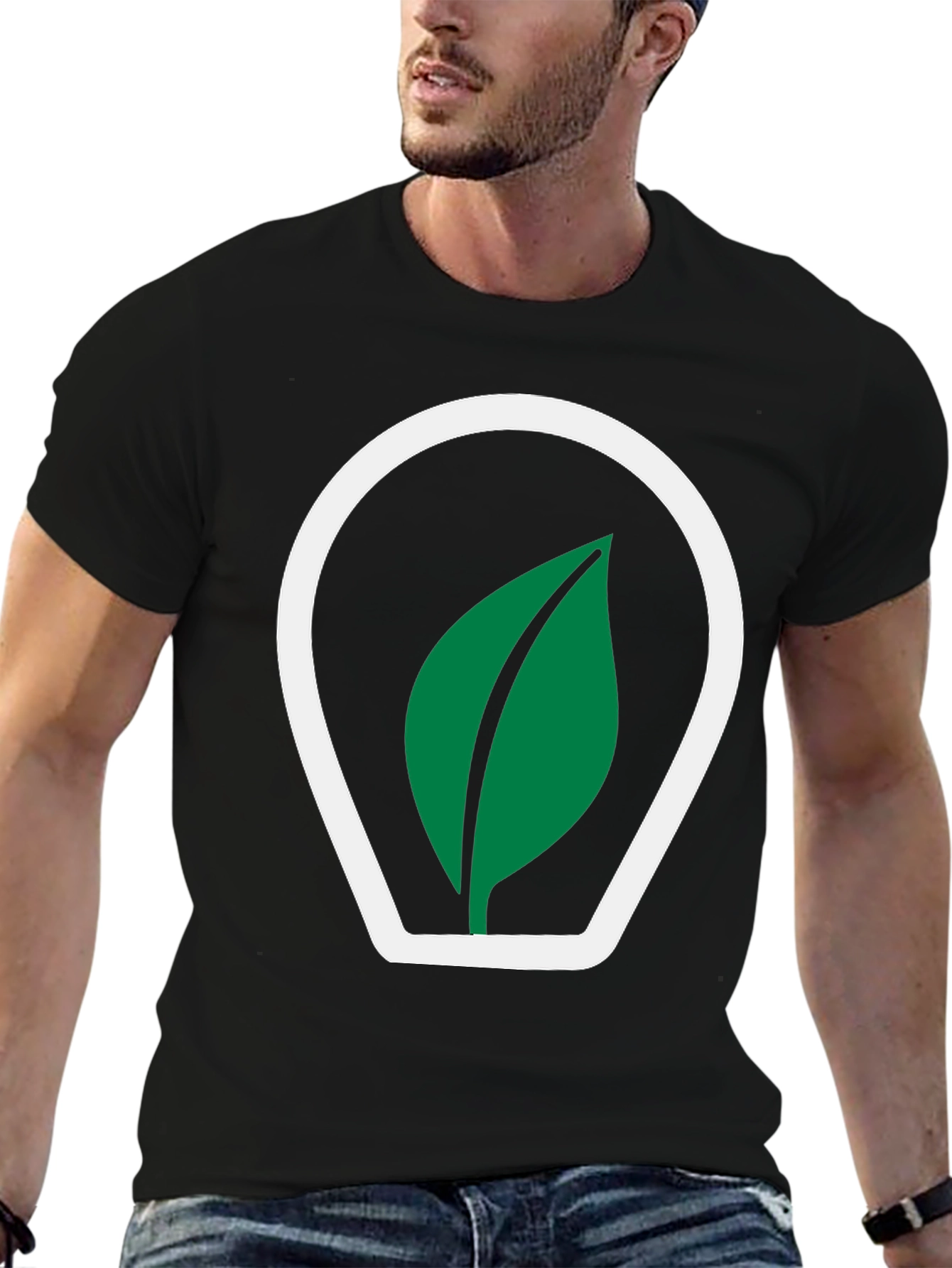 Black T-Shirt with Green Leaf Logo