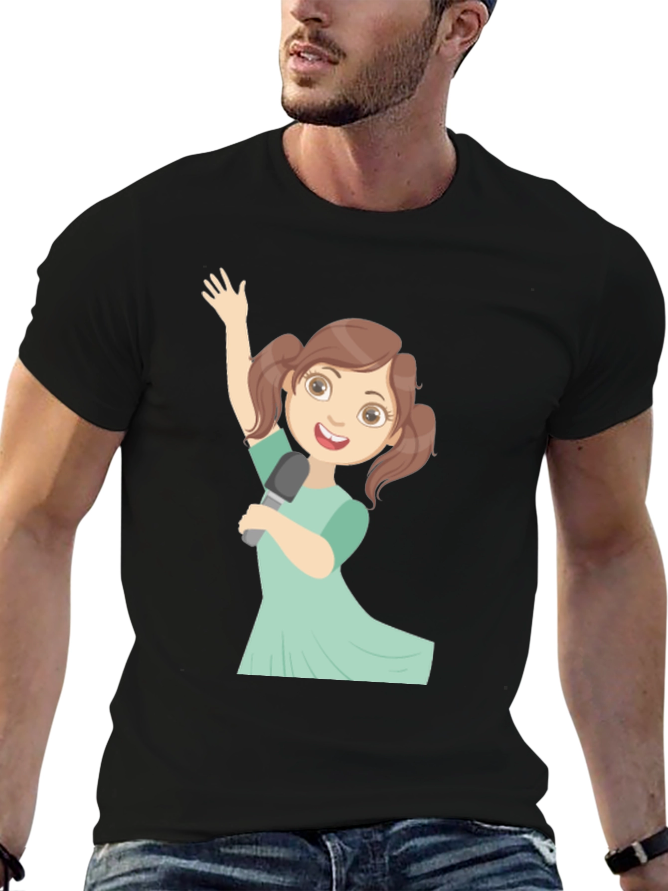 Singing Girl Graphic Tee - Black Cotton Casual Shirt