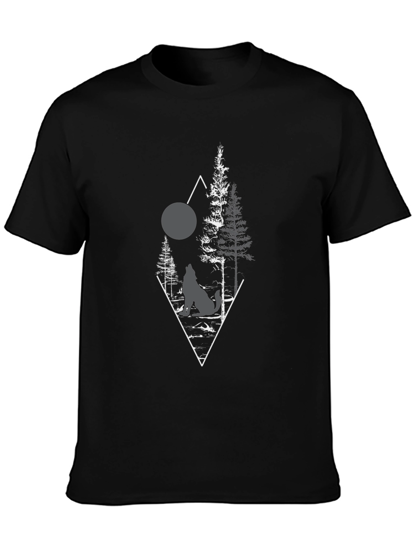 Wolf & Moon Graphic Tee - Black Cotton Shirt