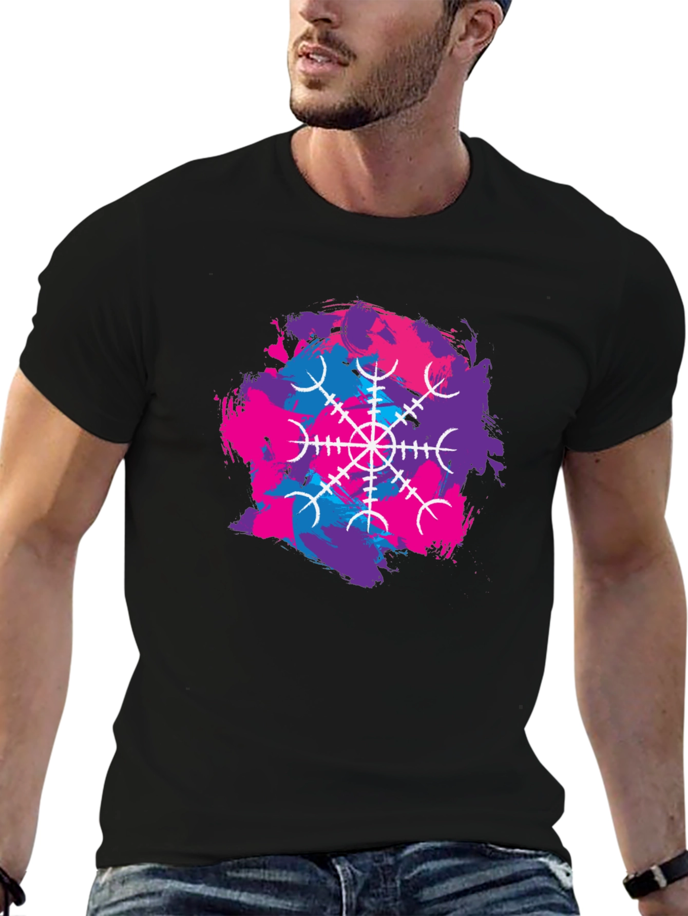Black T-Shirt with Abstract Vegvisir Design