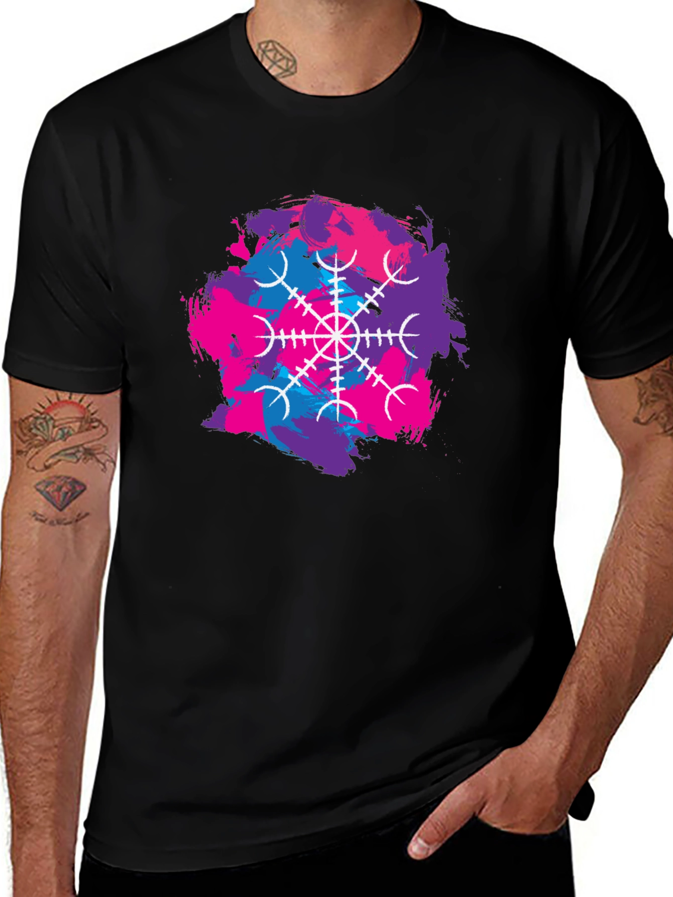 Black T-Shirt with Abstract Vegvisir Design