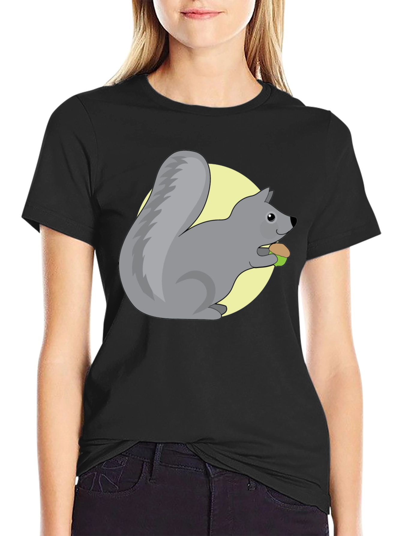 Cute Squirrel Eating Nut Graphic Tee - Black