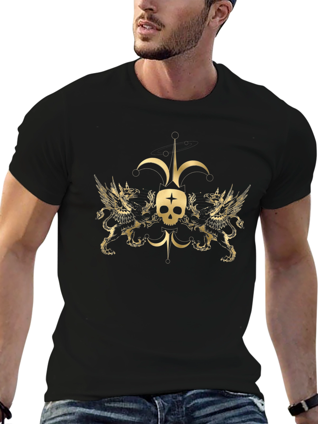 Gothic Skull & Griffin Graphic Tee - Black