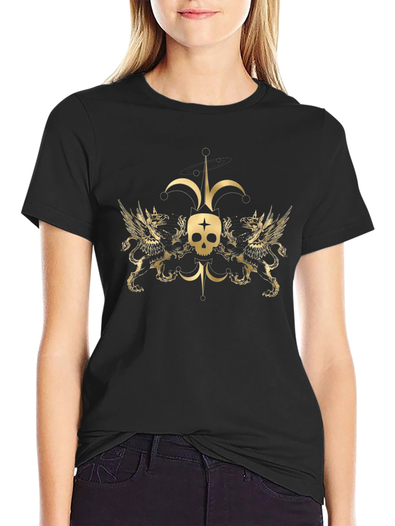 Gothic Skull & Griffin Graphic Tee - Black