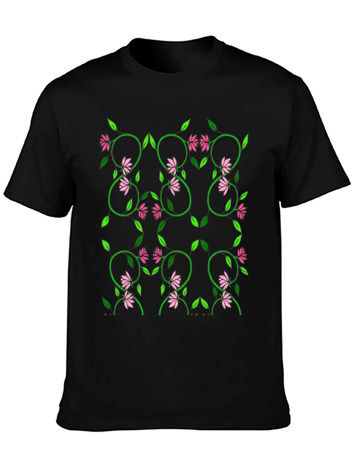 Floral Vine Pattern Black T-Shirt