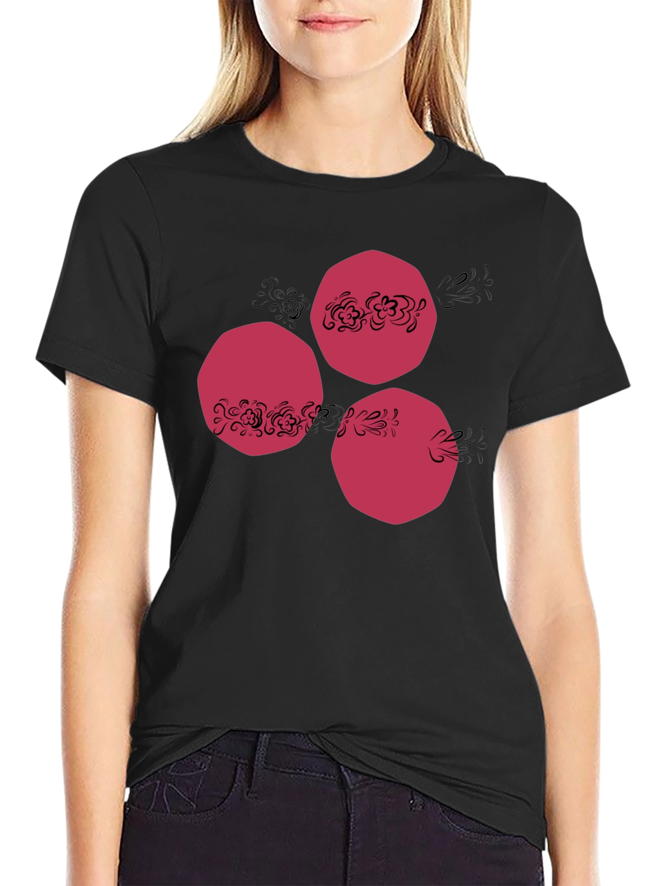 Modern Cranberry Circle Design Black T-Shirt
