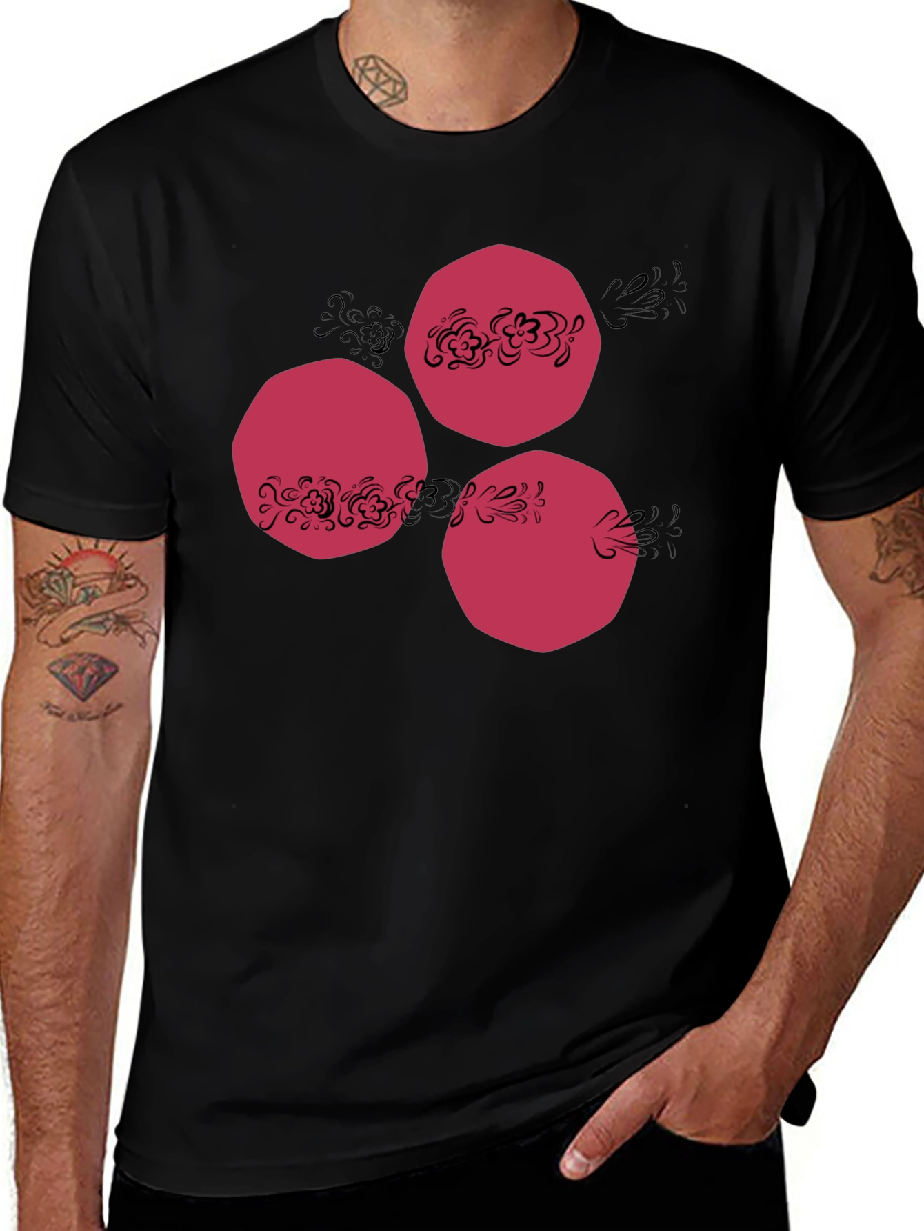 Modern Cranberry Circle Design Black T-Shirt