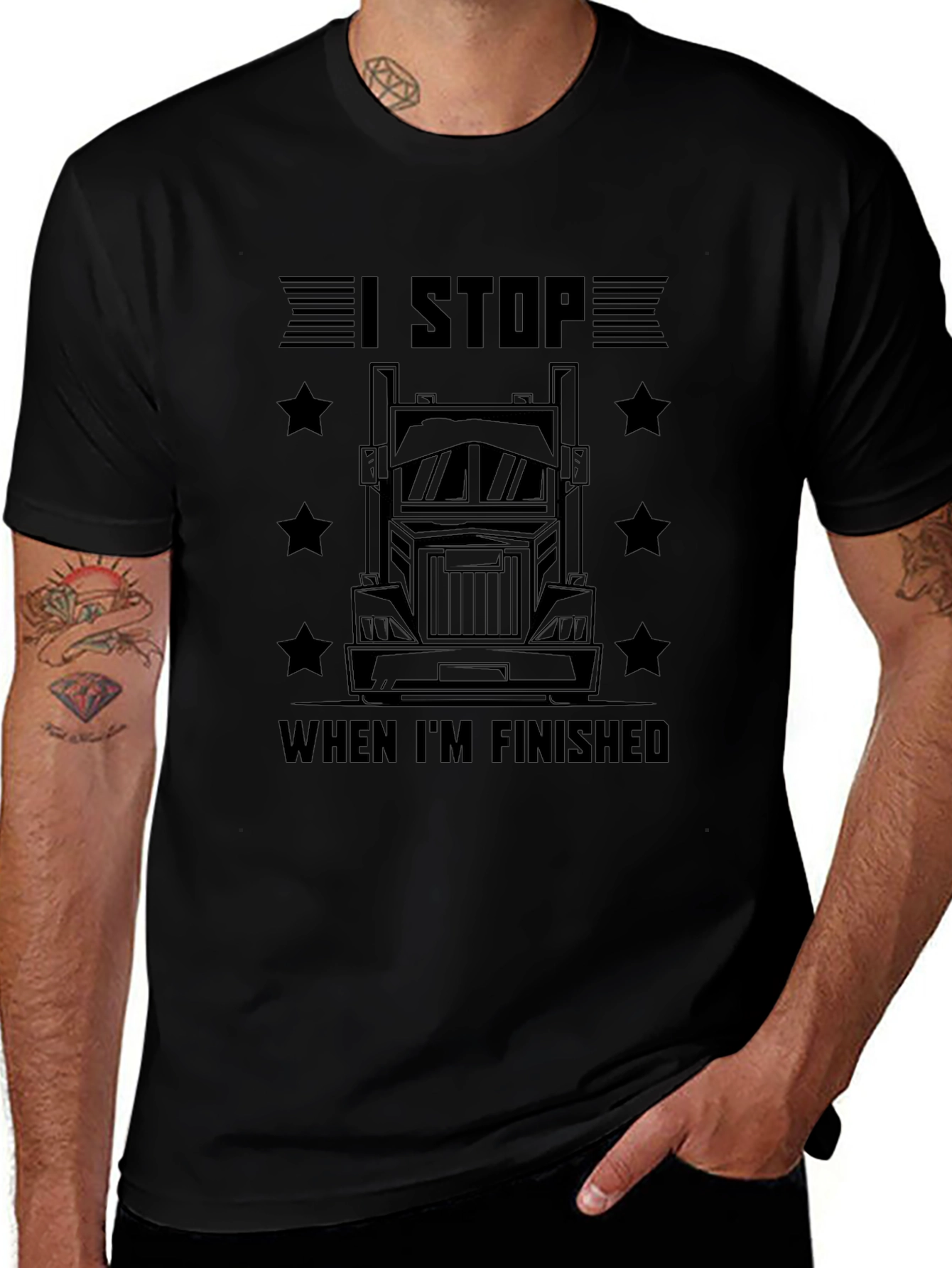 I Stop When Im Finished Trucker T-Shirt