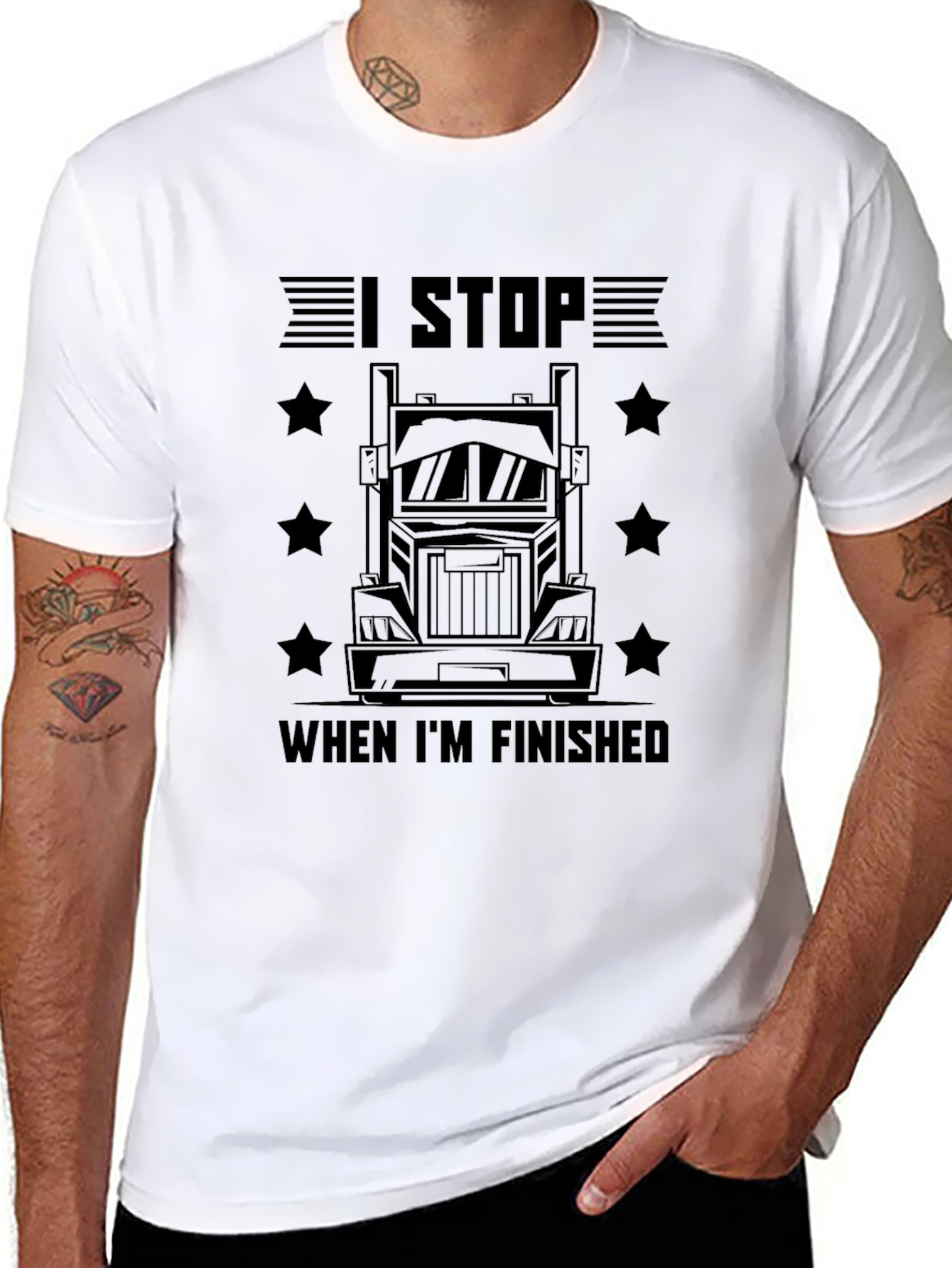 I Stop When Im Finished Trucker T-Shirt