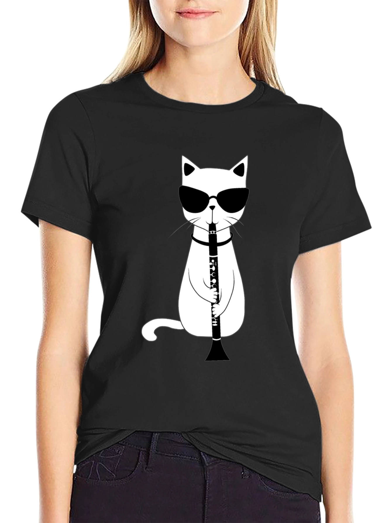 Cool Cat Clarinet Player Black T-Shirt