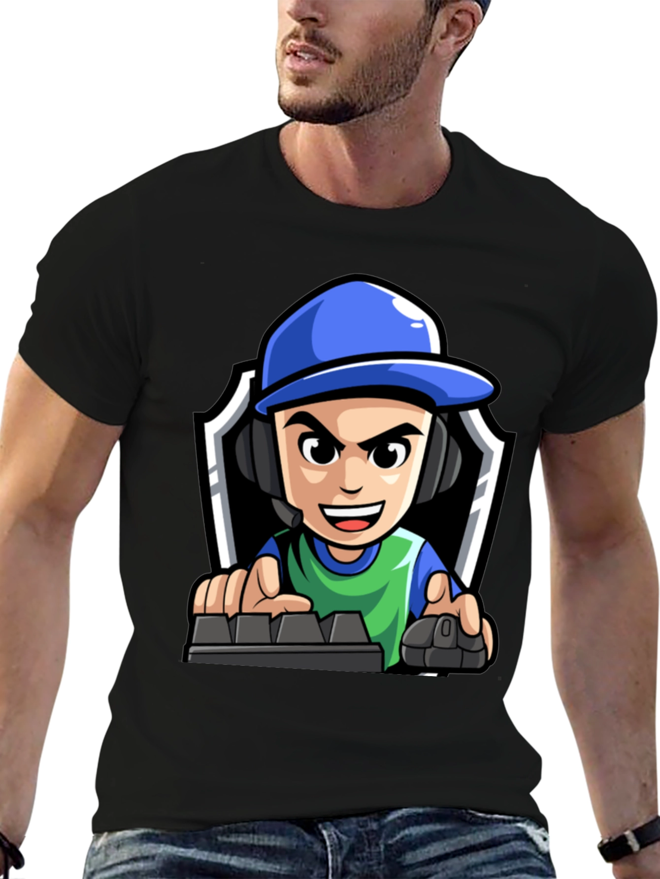 Gamer Cartoon Graphic Tee - Black Cotton T-Shirt