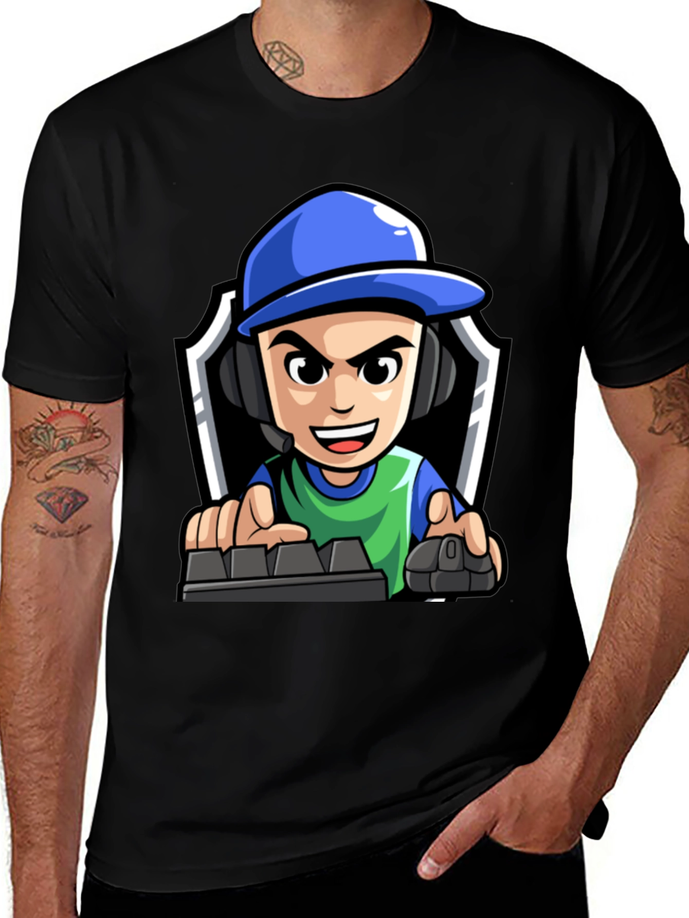 Gamer Cartoon Graphic Tee - Black Cotton T-Shirt