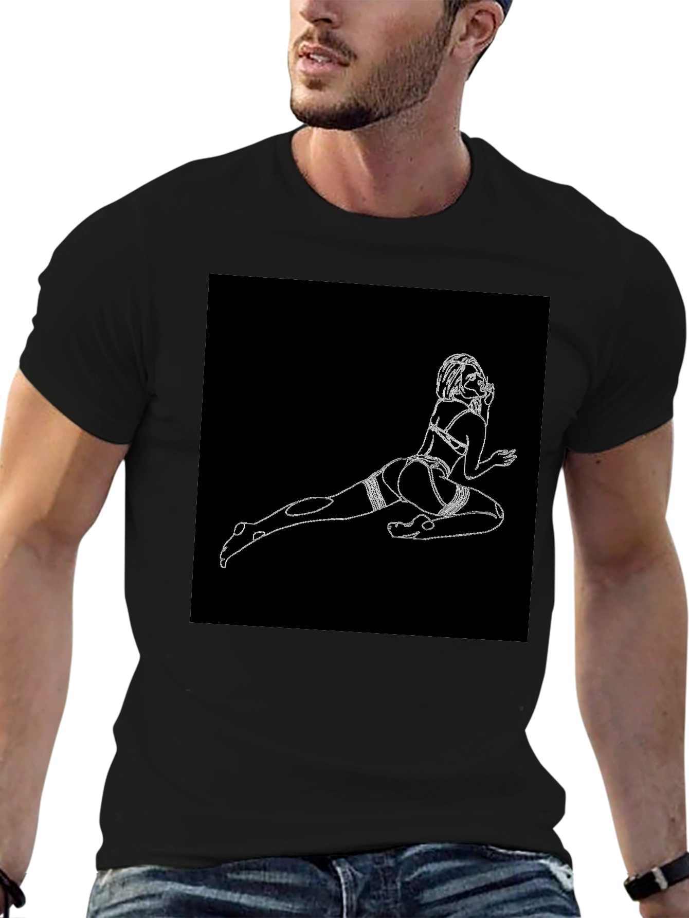 Black T-Shirt with Risque Line Art