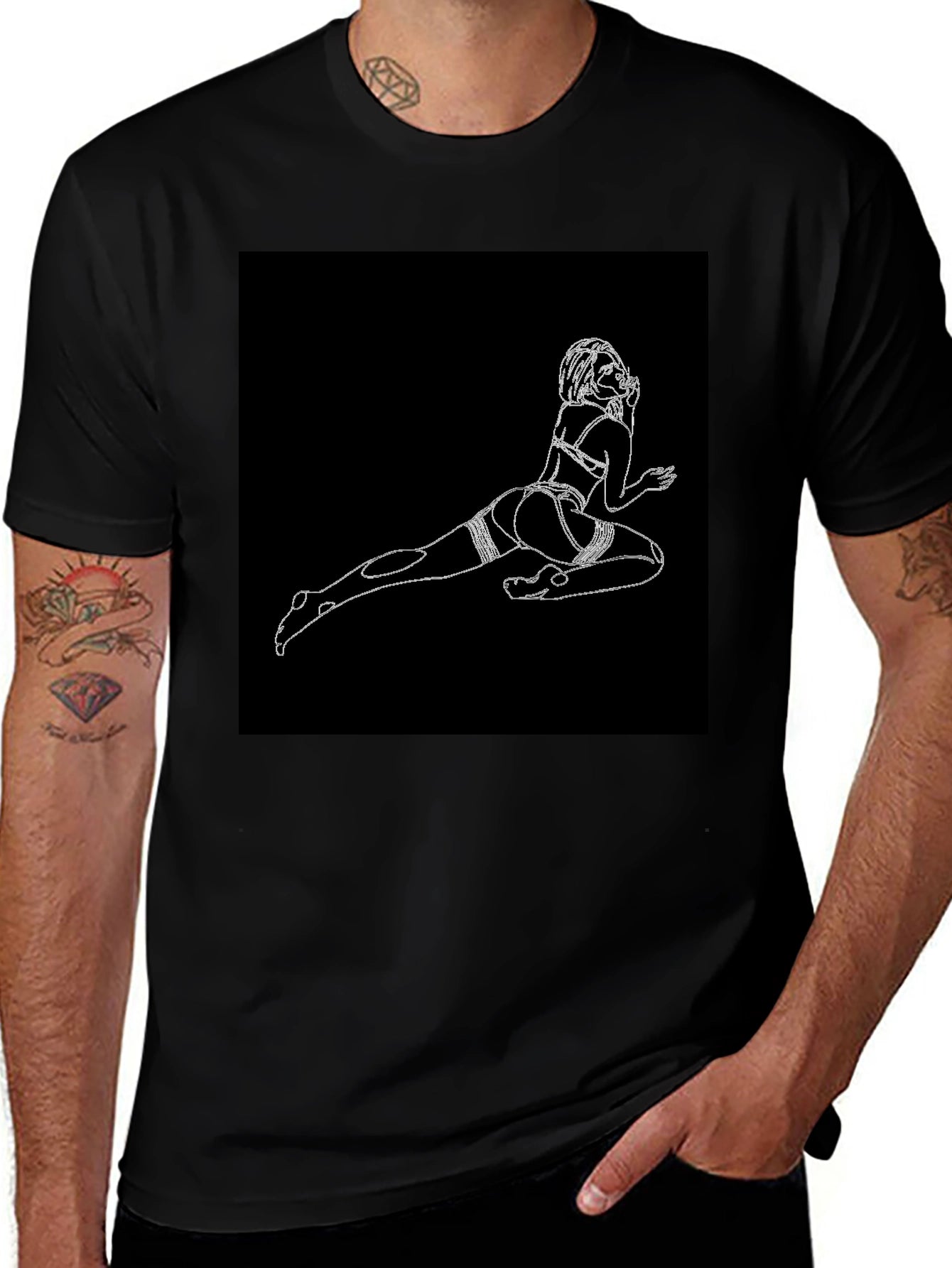 Black T-Shirt with Risque Line Art