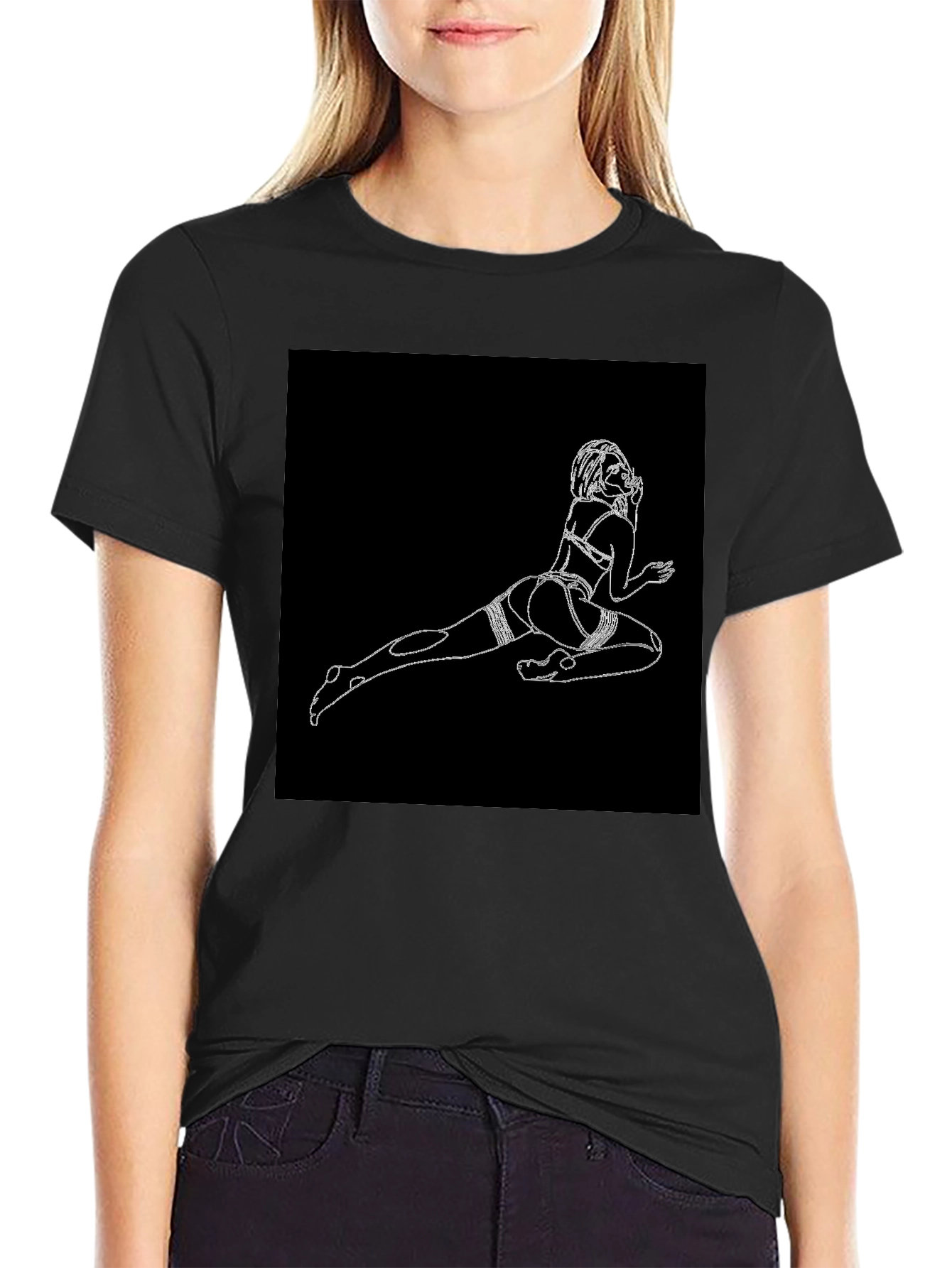 Black T-Shirt with Risque Line Art