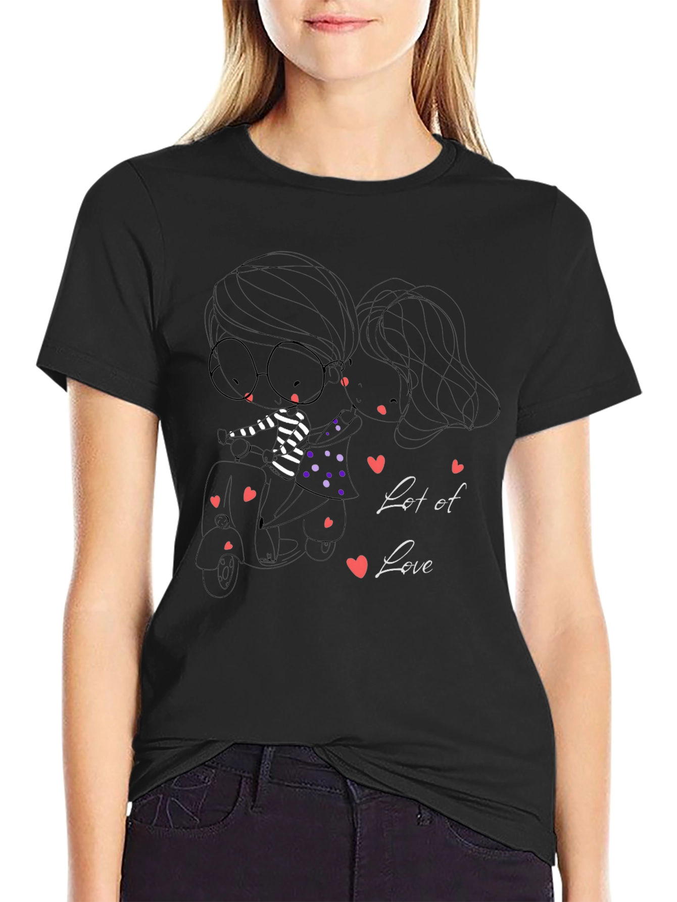 Cute Cartoon Couple Scooter Ride Black T-Shirt