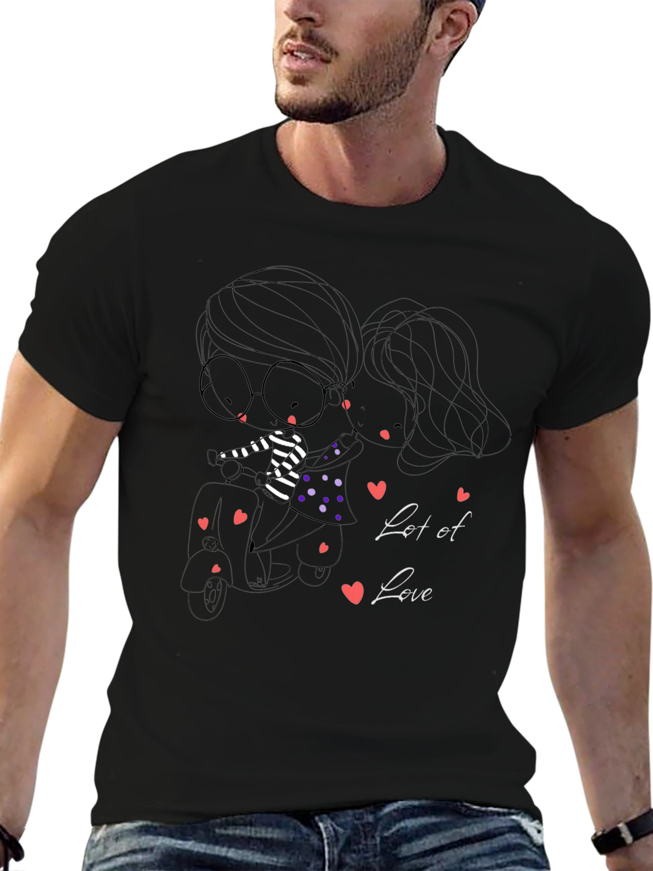 Cute Cartoon Couple Scooter Ride Black T-Shirt
