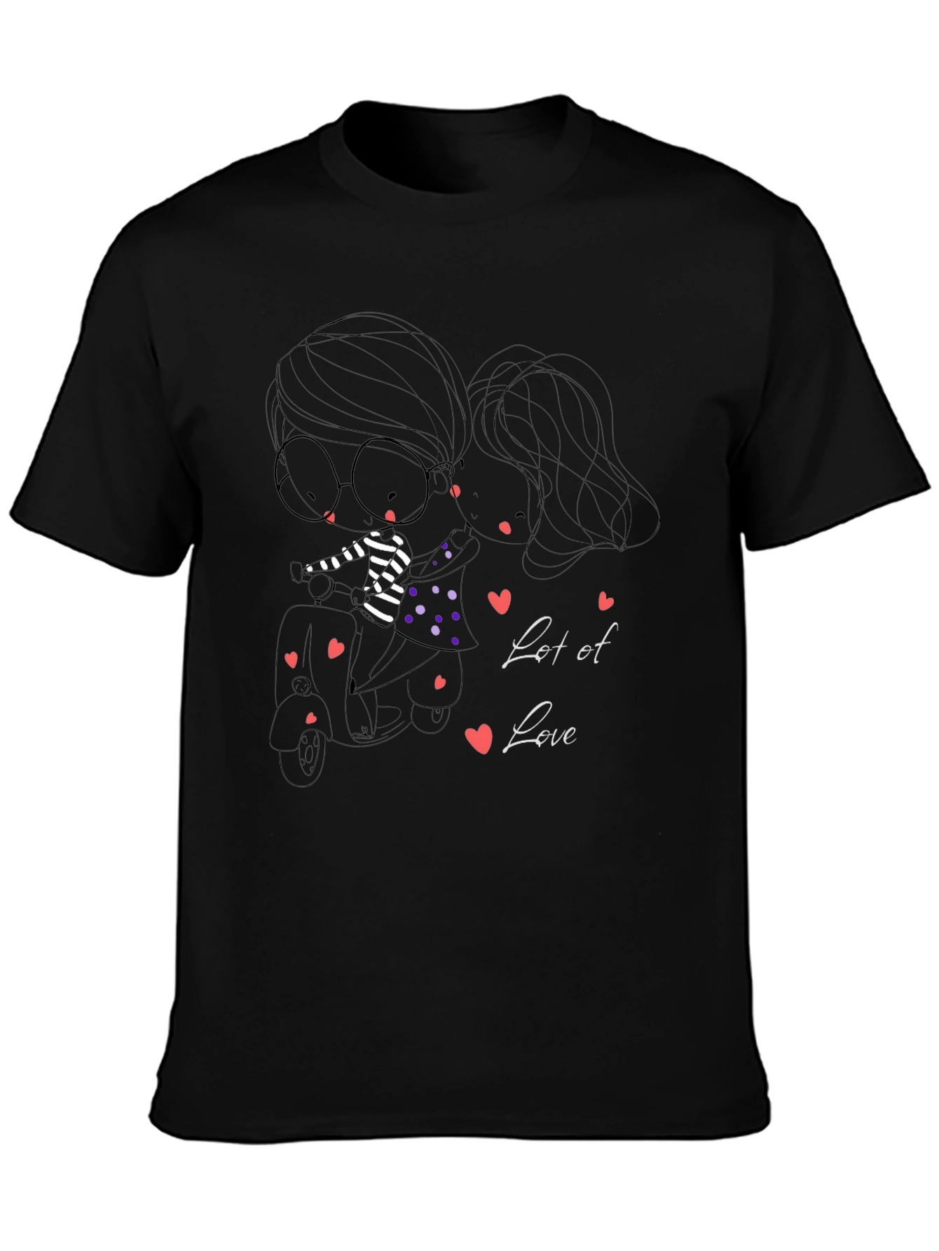 Cute Cartoon Couple Scooter Ride Black T-Shirt
