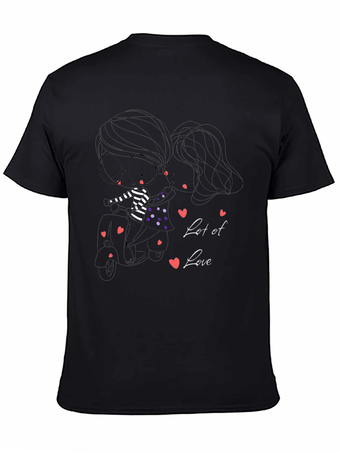 Cute Cartoon Couple Scooter Ride Black T-Shirt