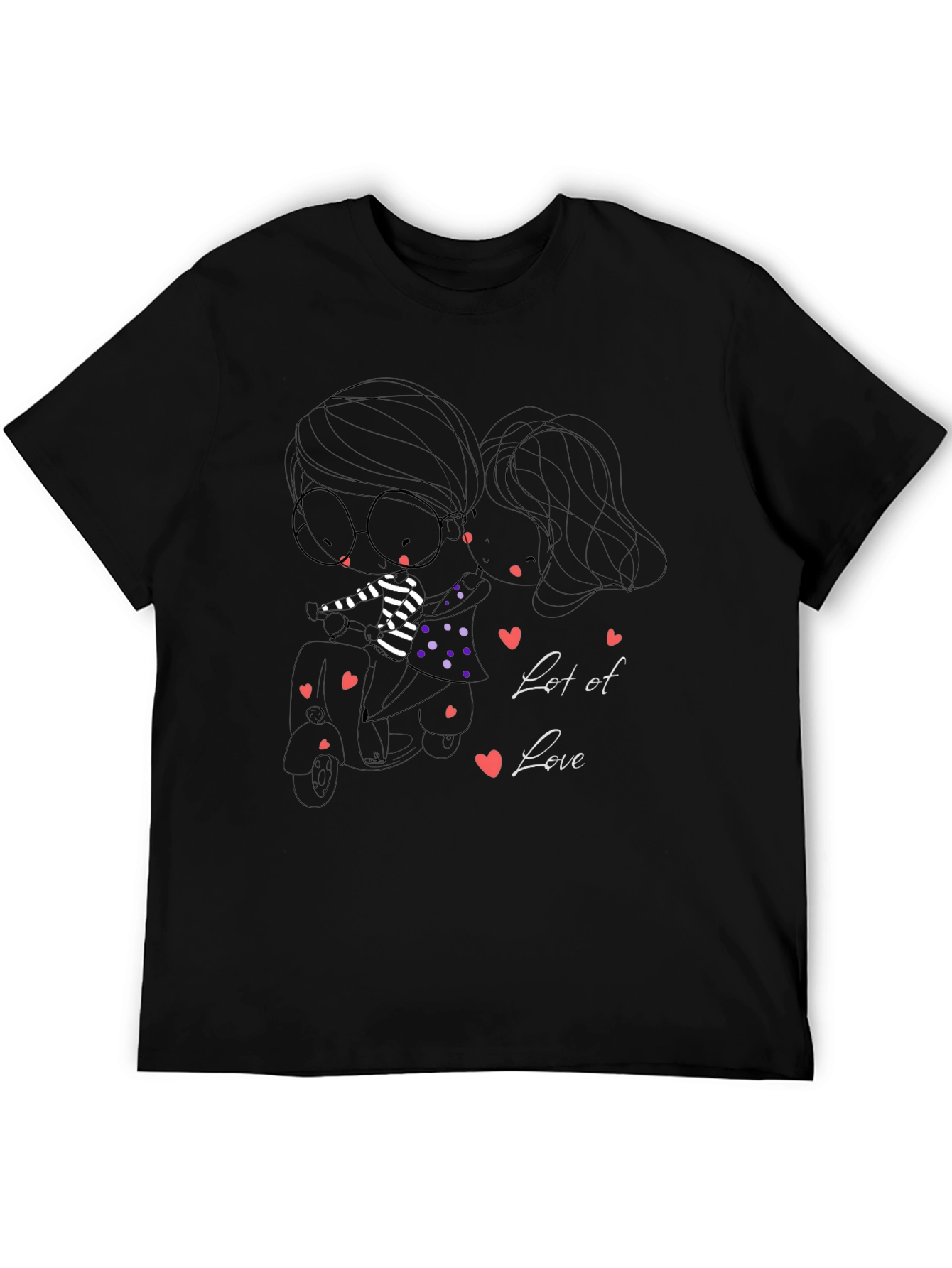 Cute Cartoon Couple Scooter Ride Black T-Shirt