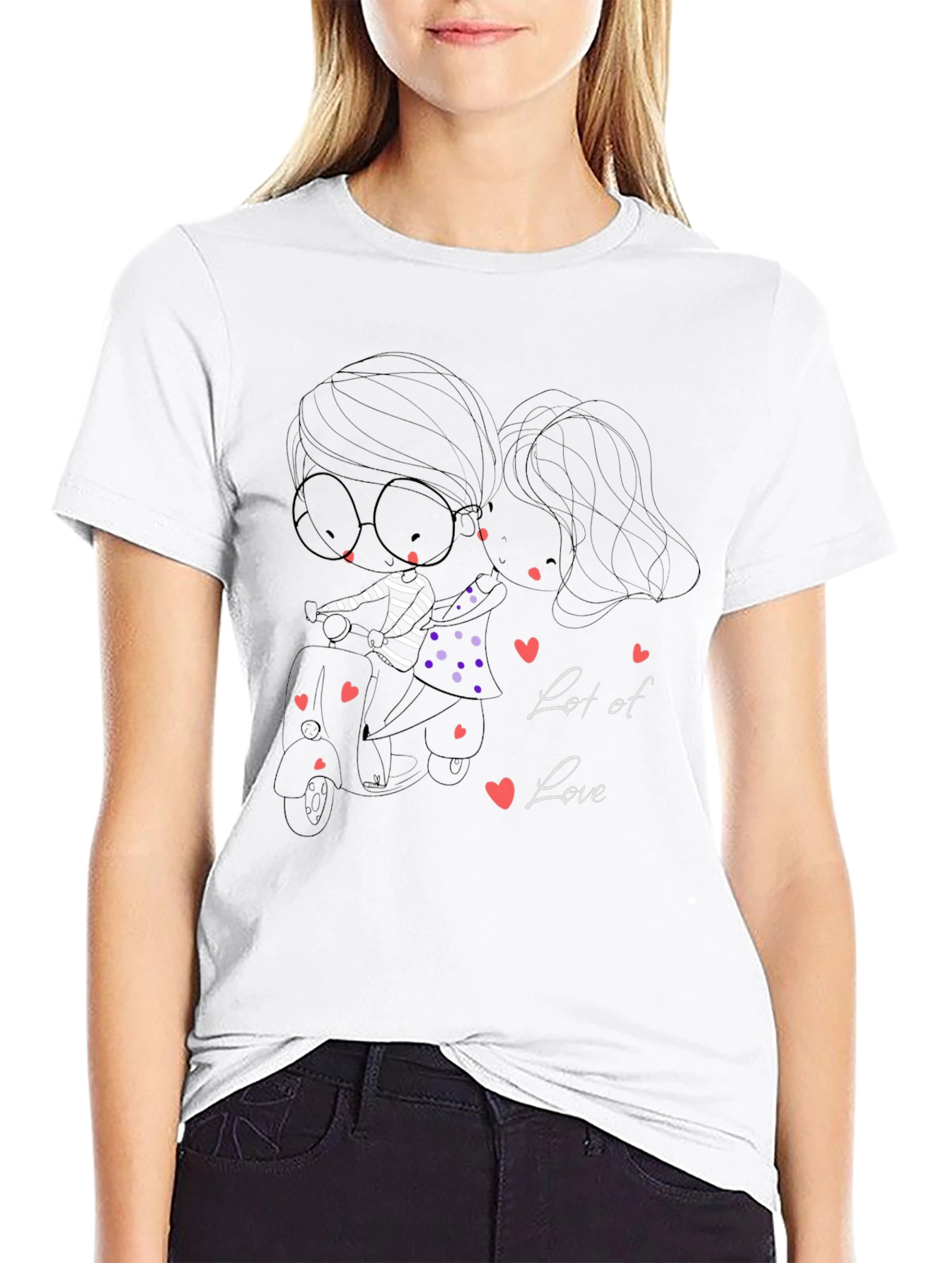 Cute Cartoon Couple Scooter Ride Black T-Shirt