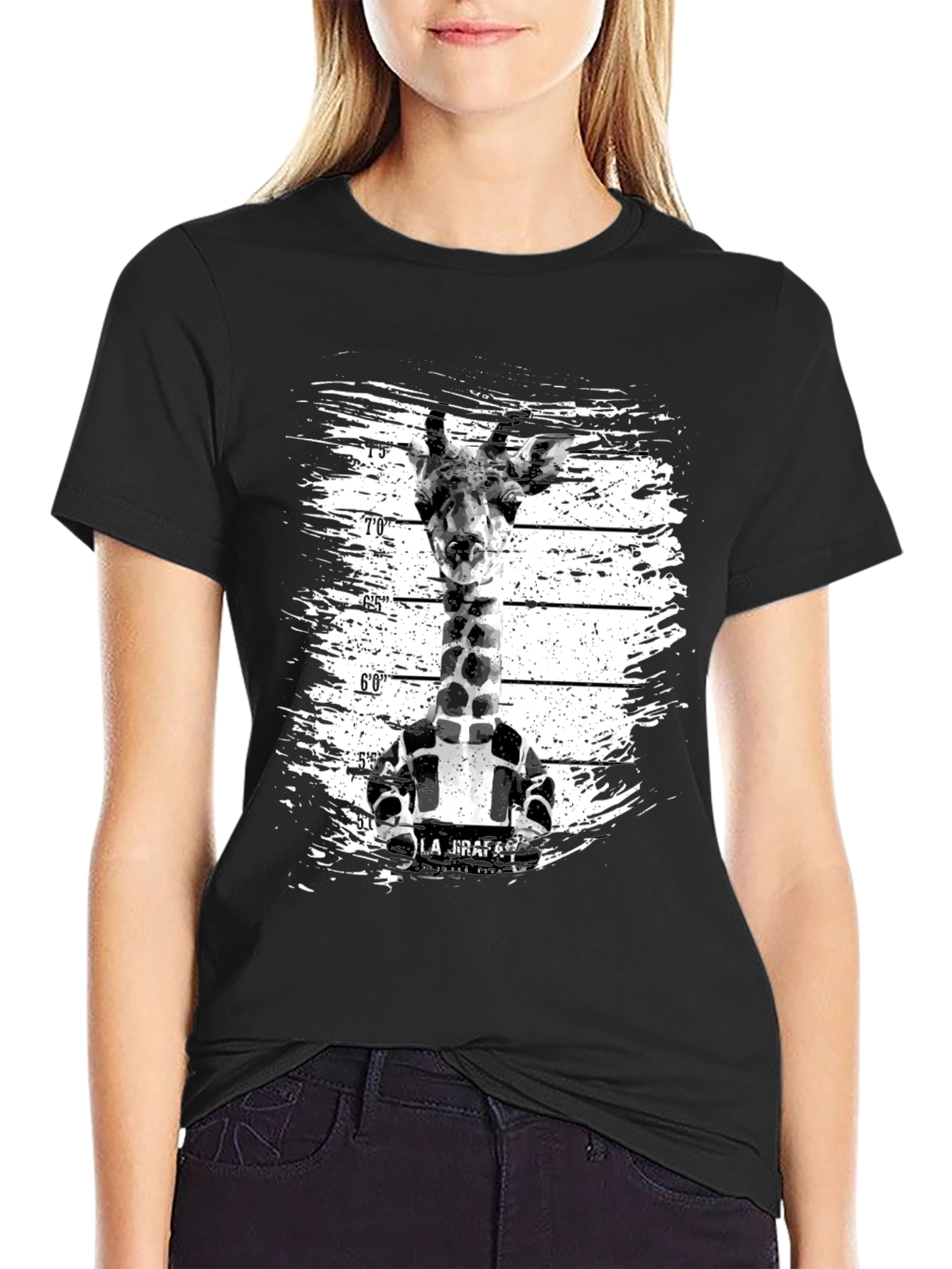 Funny Giraffe Mugshot Graphic Tee - Black