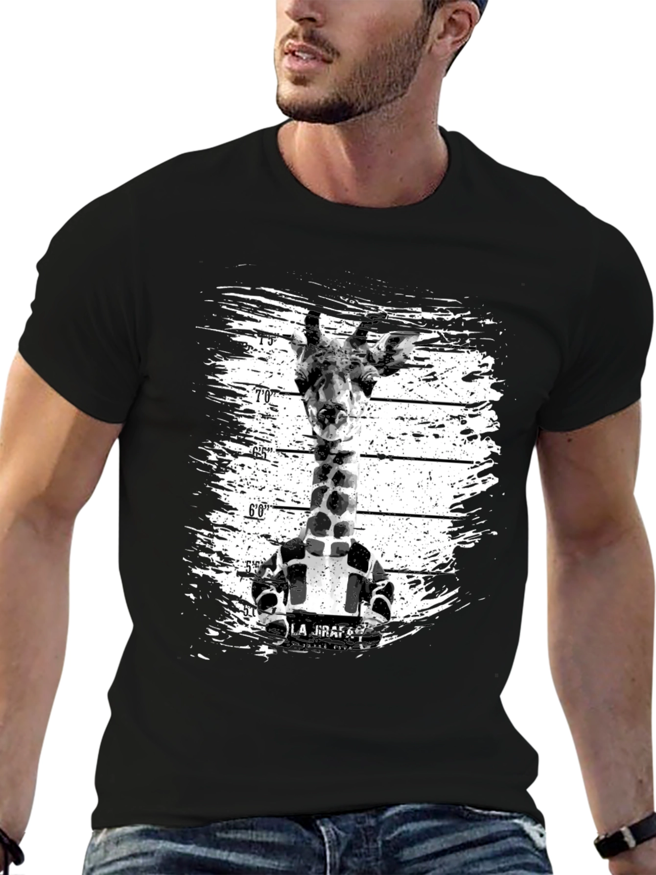 Funny Giraffe Mugshot Graphic Tee - Black
