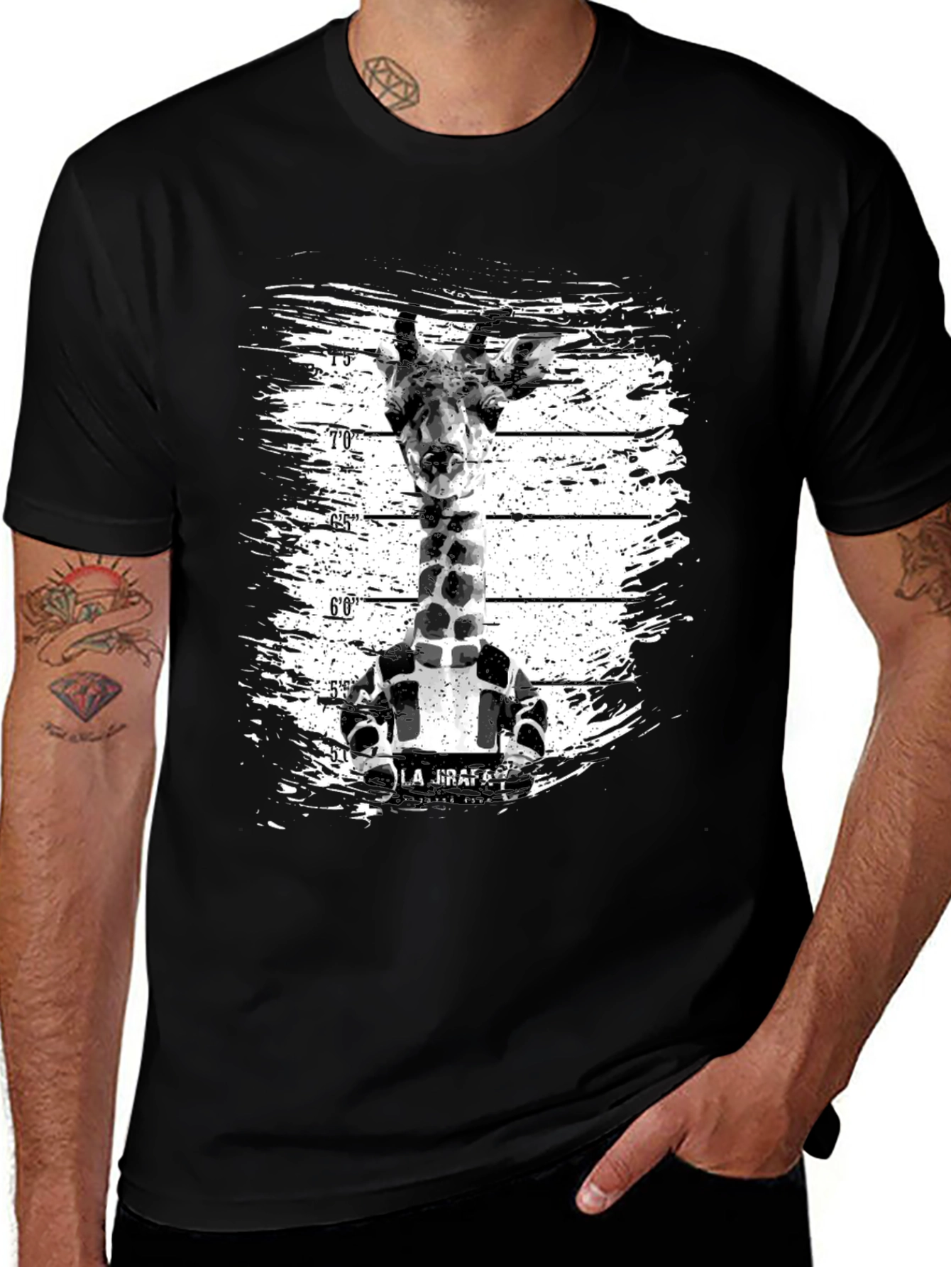 Funny Giraffe Mugshot Graphic Tee - Black