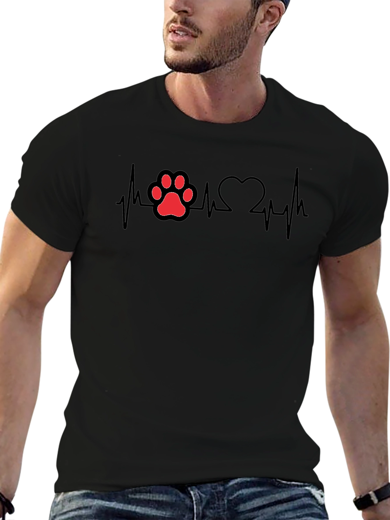 Dog Paw Heartbeat T-Shirt - Black Cotton Tee