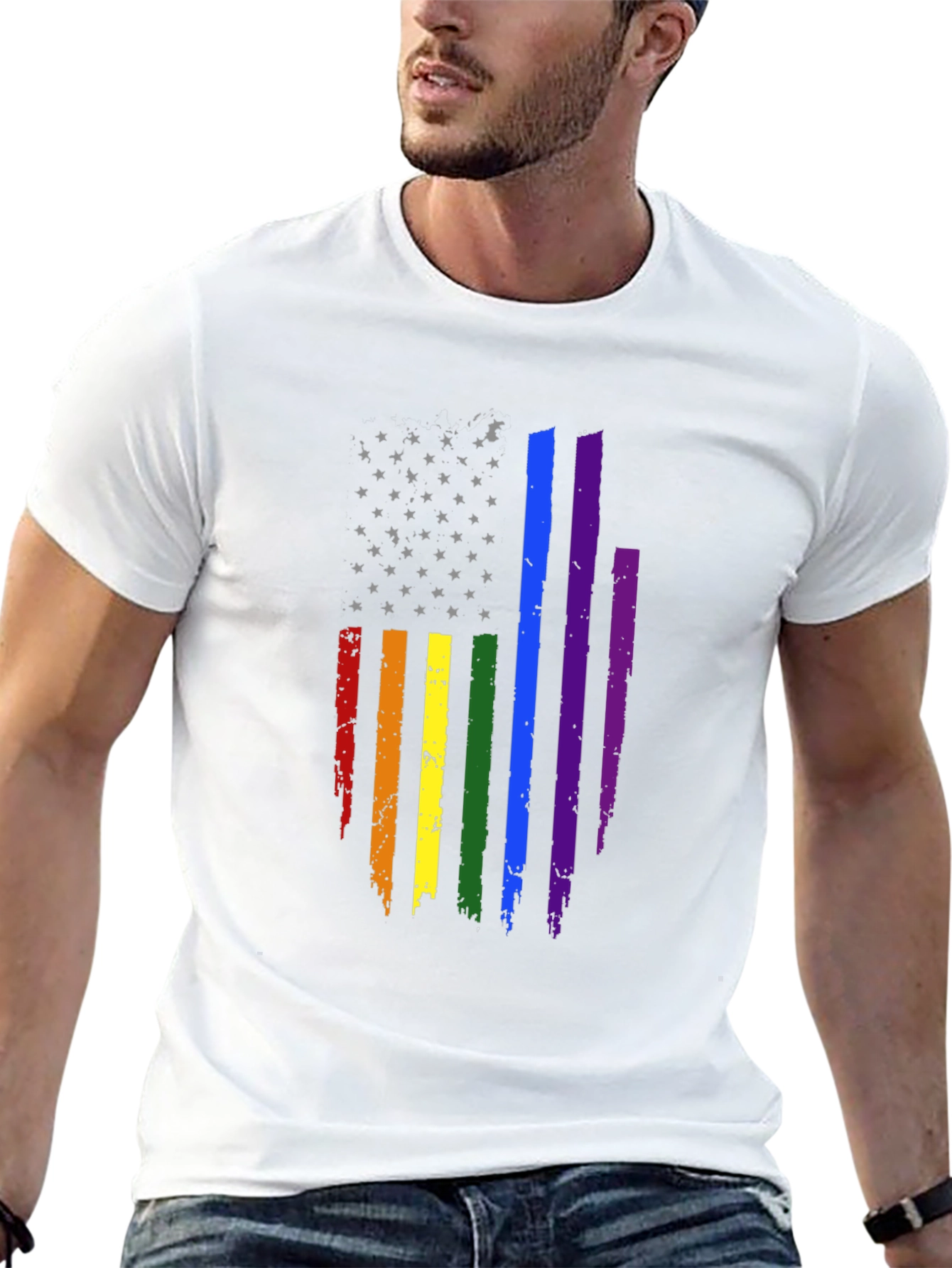 Pride Flag Distressed Tee - Black