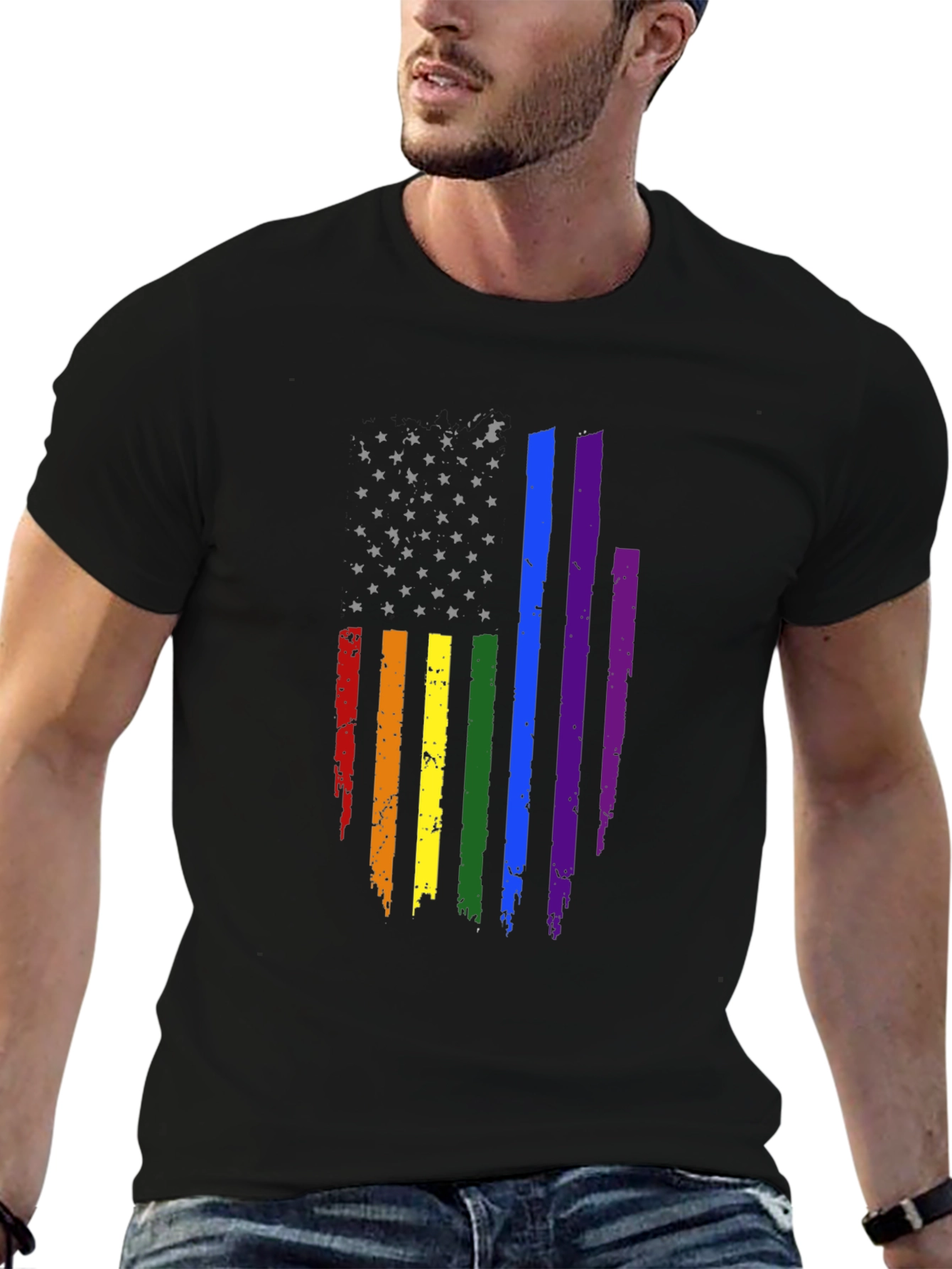 Pride Flag Distressed Tee - Black