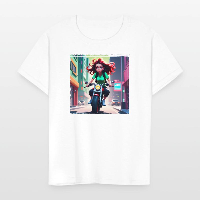 AI Girl on Streetbike in City - Trendy Girl Shirts