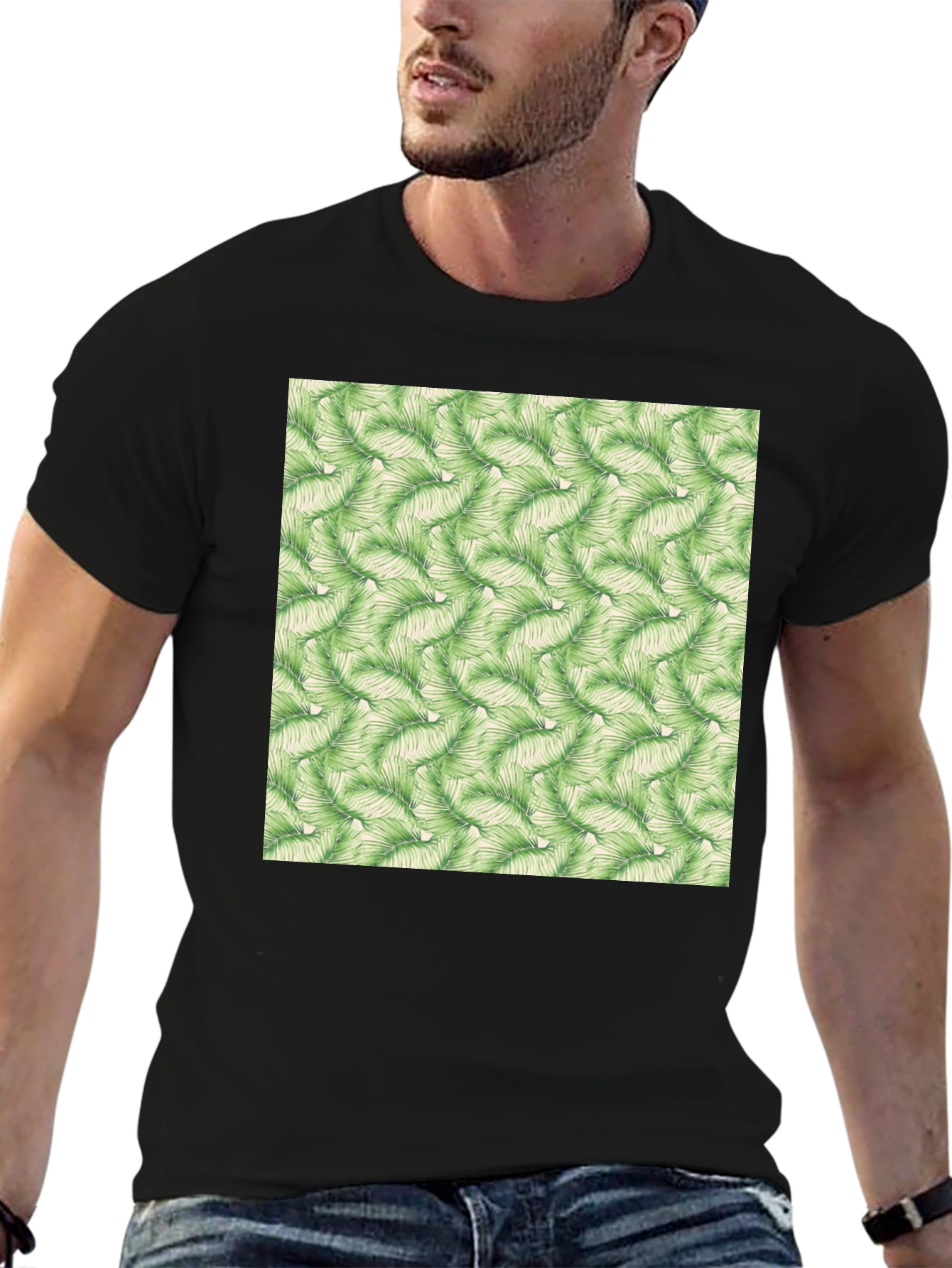 Tropical Leaves Pattern Black T-Shirt