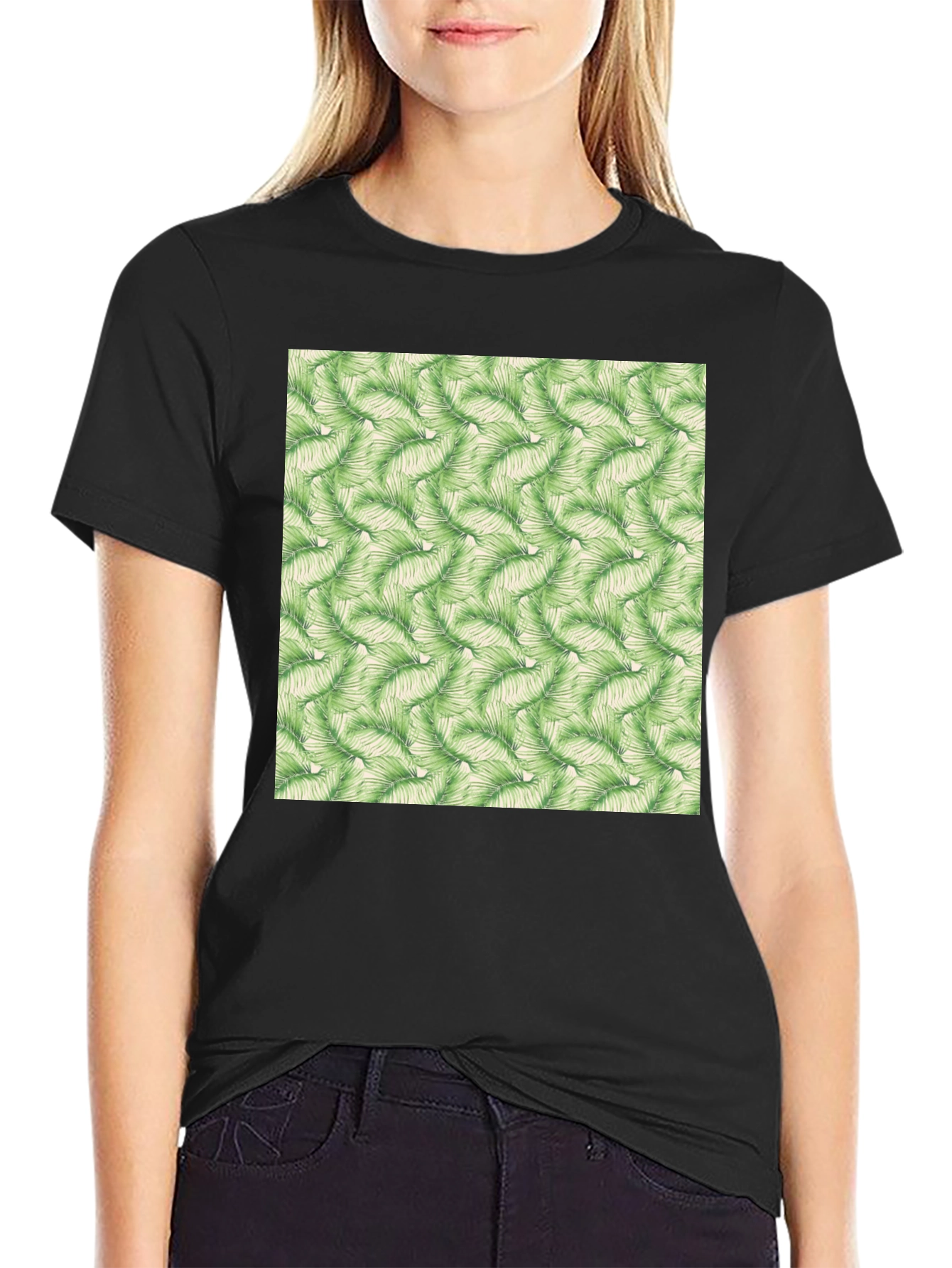 Tropical Leaves Pattern Black T-Shirt