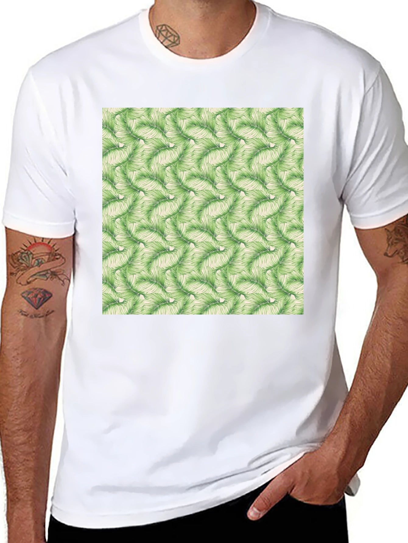 Tropical Leaves Pattern Black T-Shirt