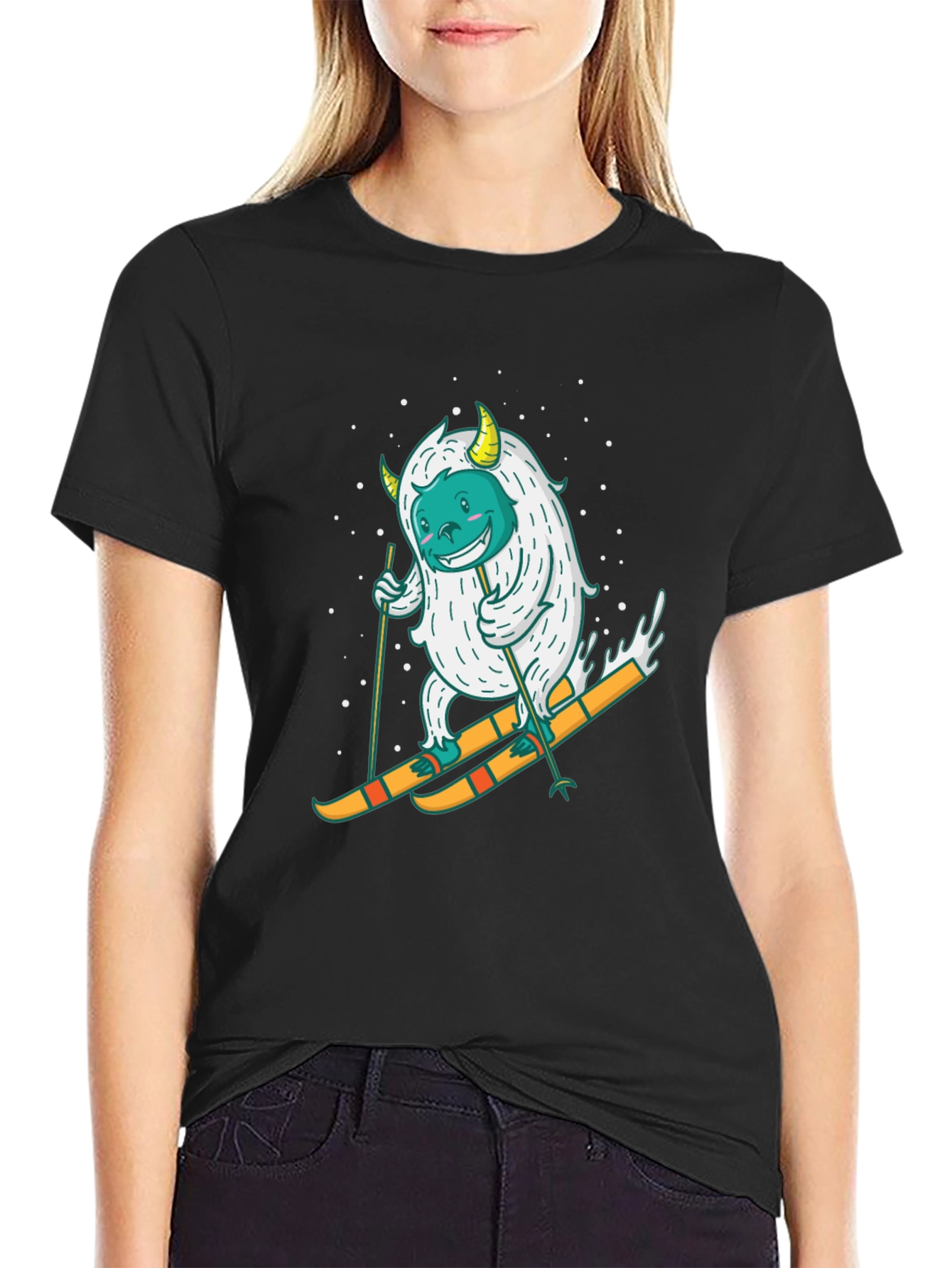 Skiing Yeti Graphic Tee - Black Cotton T-Shirt
