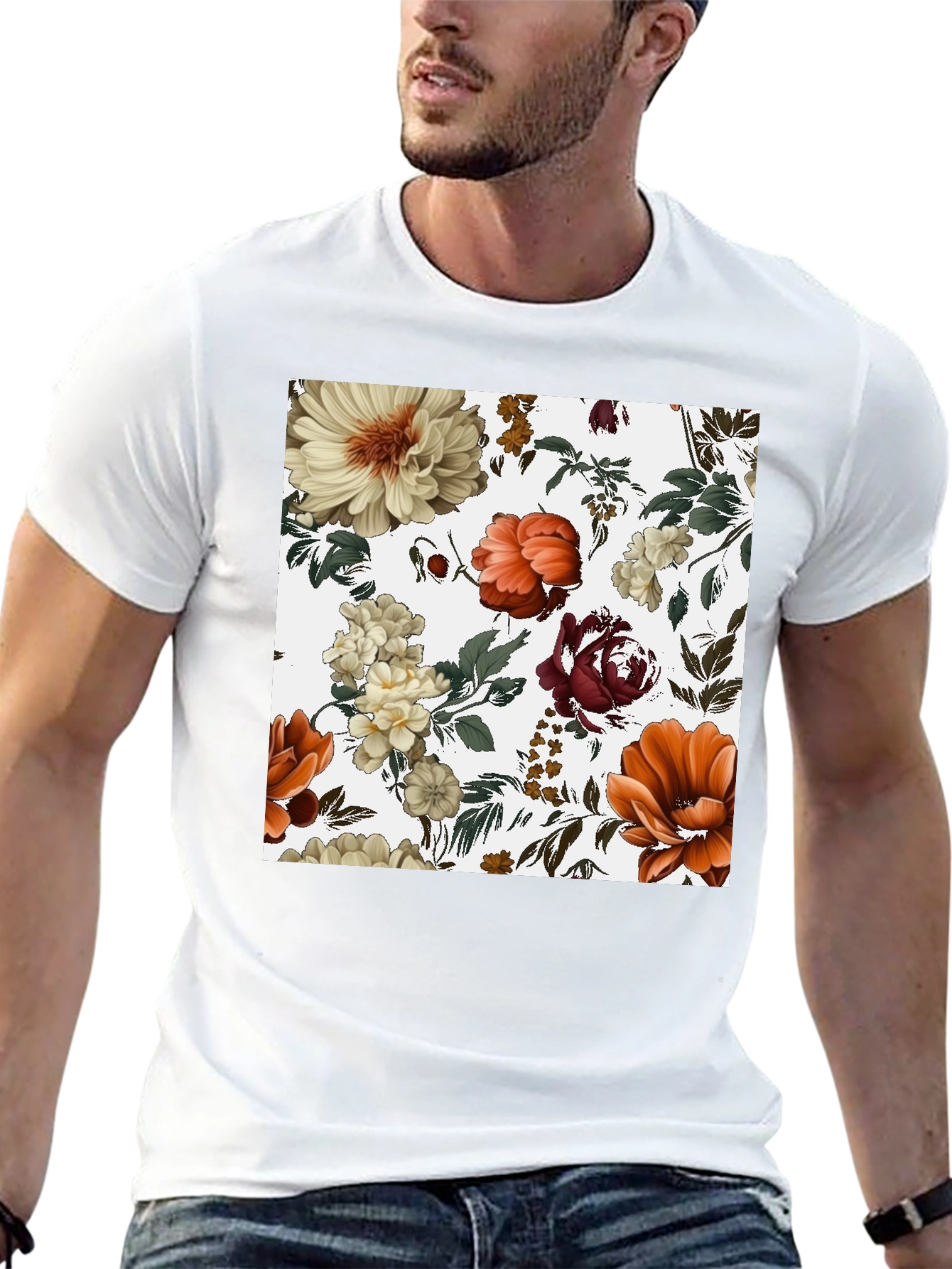 Floral Print Black T-Shirt for Men