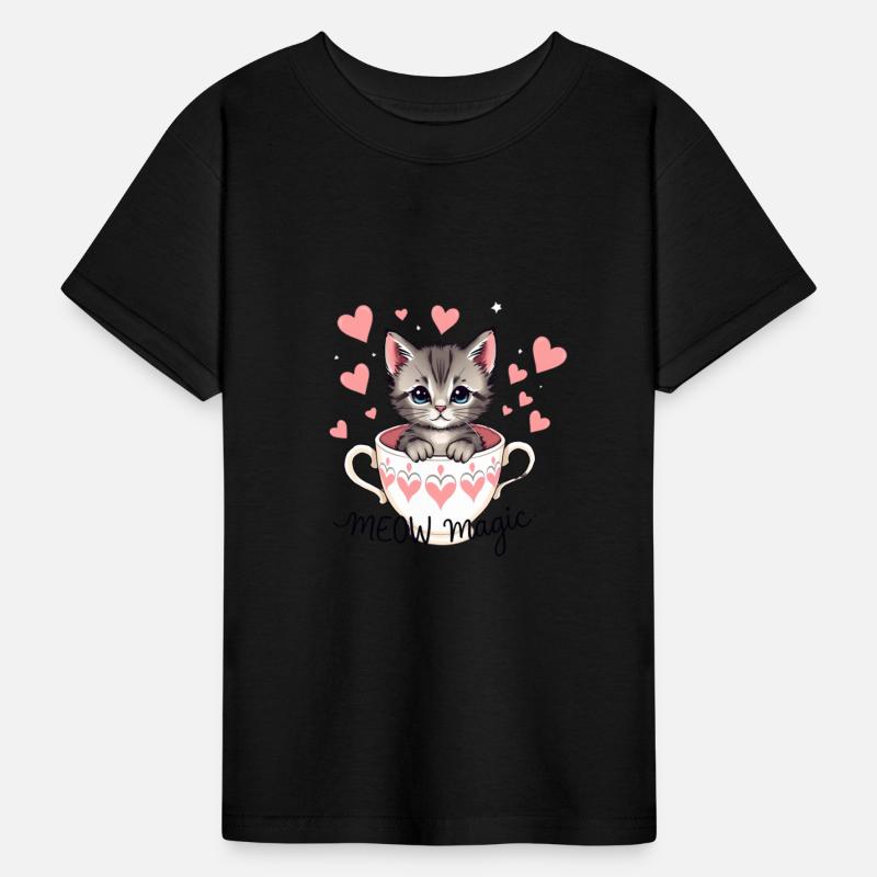 Cute kitten popping out of a teacup with hearts