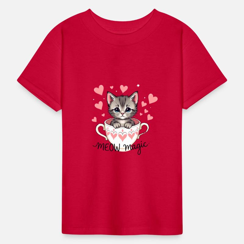 Cute kitten popping out of a teacup with hearts