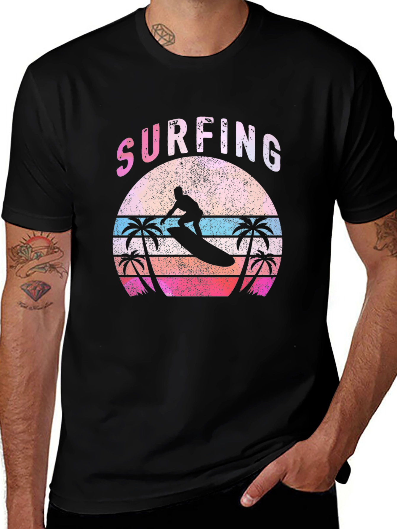 Retro Surfing Palm Tree Graphic Tee