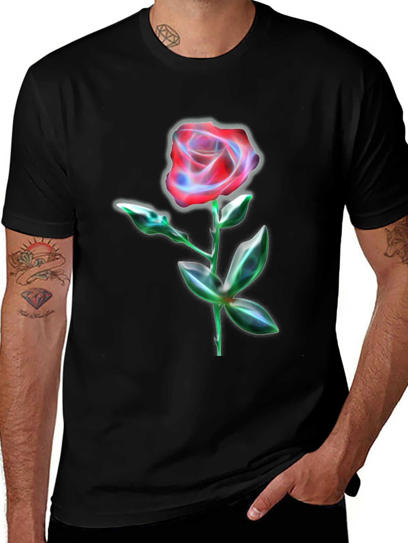 Neon Rose Graphic Print Black T-Shirt