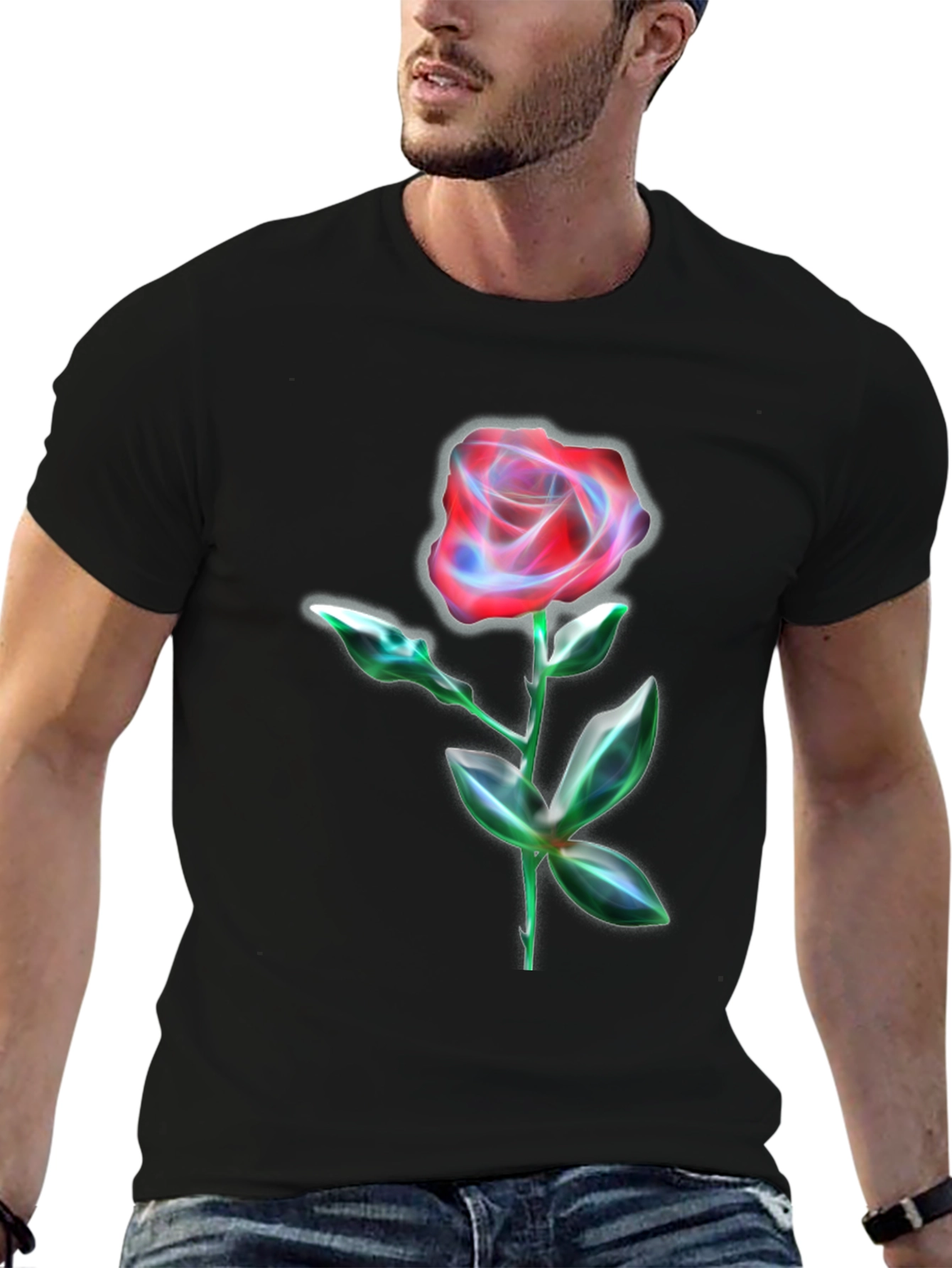 Neon Rose Graphic Print Black T-Shirt