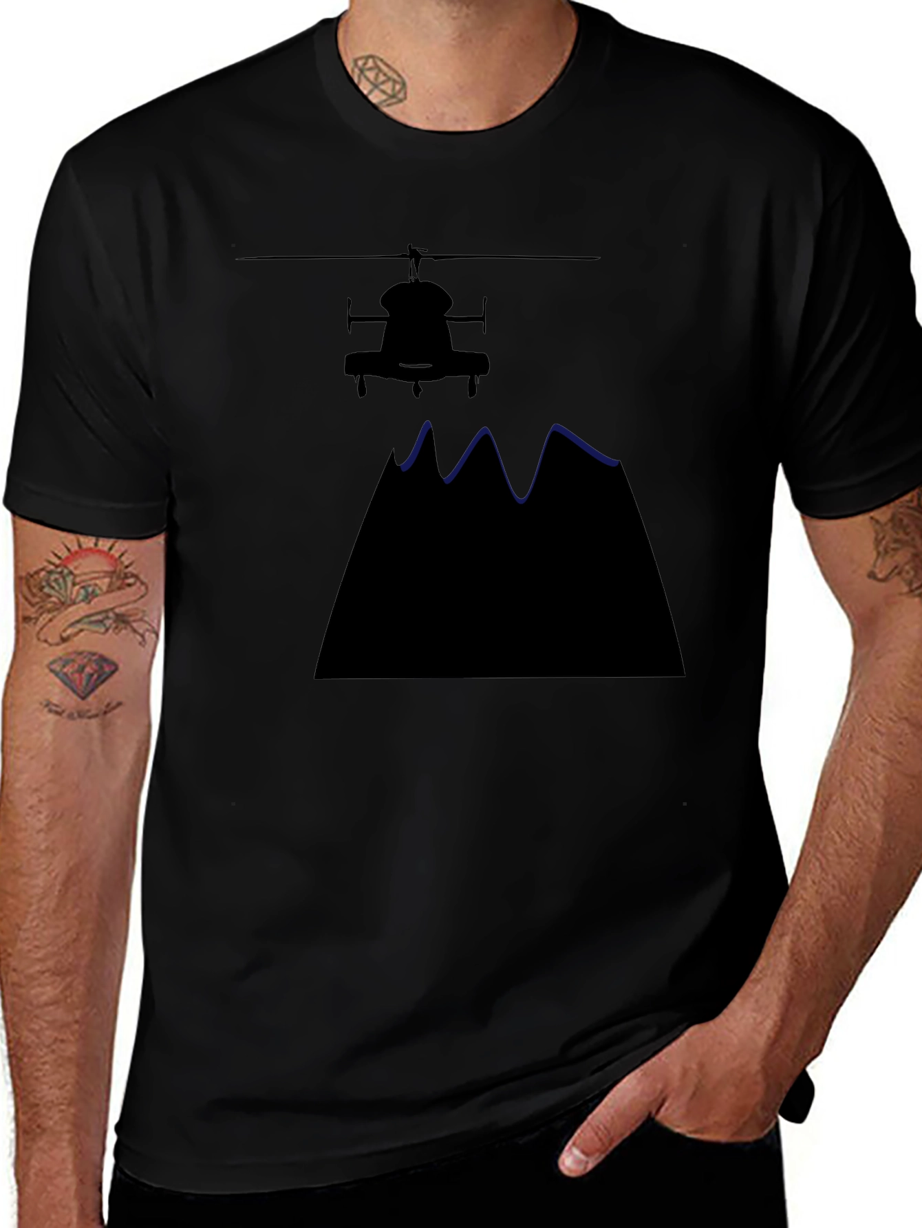 Helicopter Over Mountains Black T-Shirt