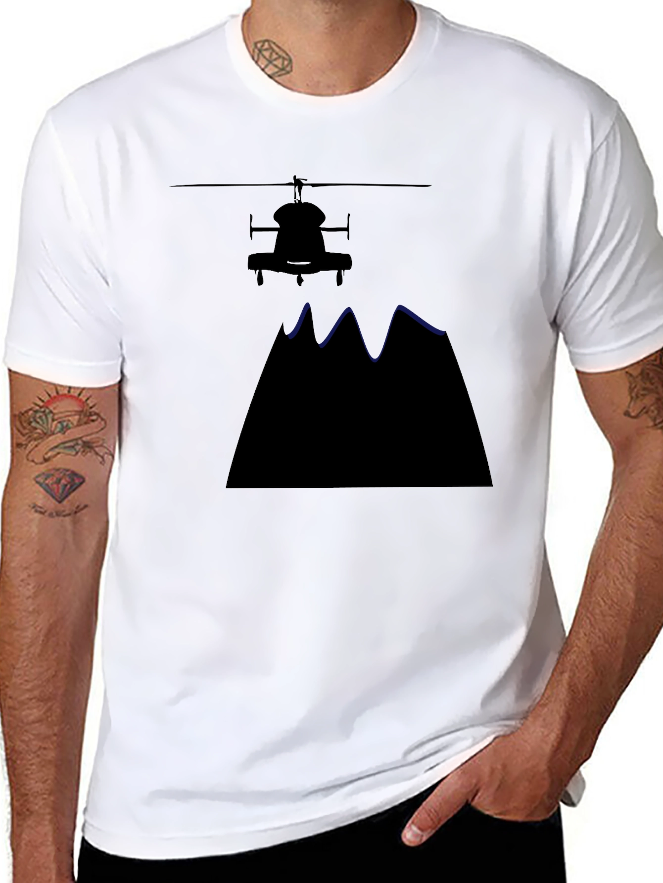 Helicopter Over Mountains Black T-Shirt