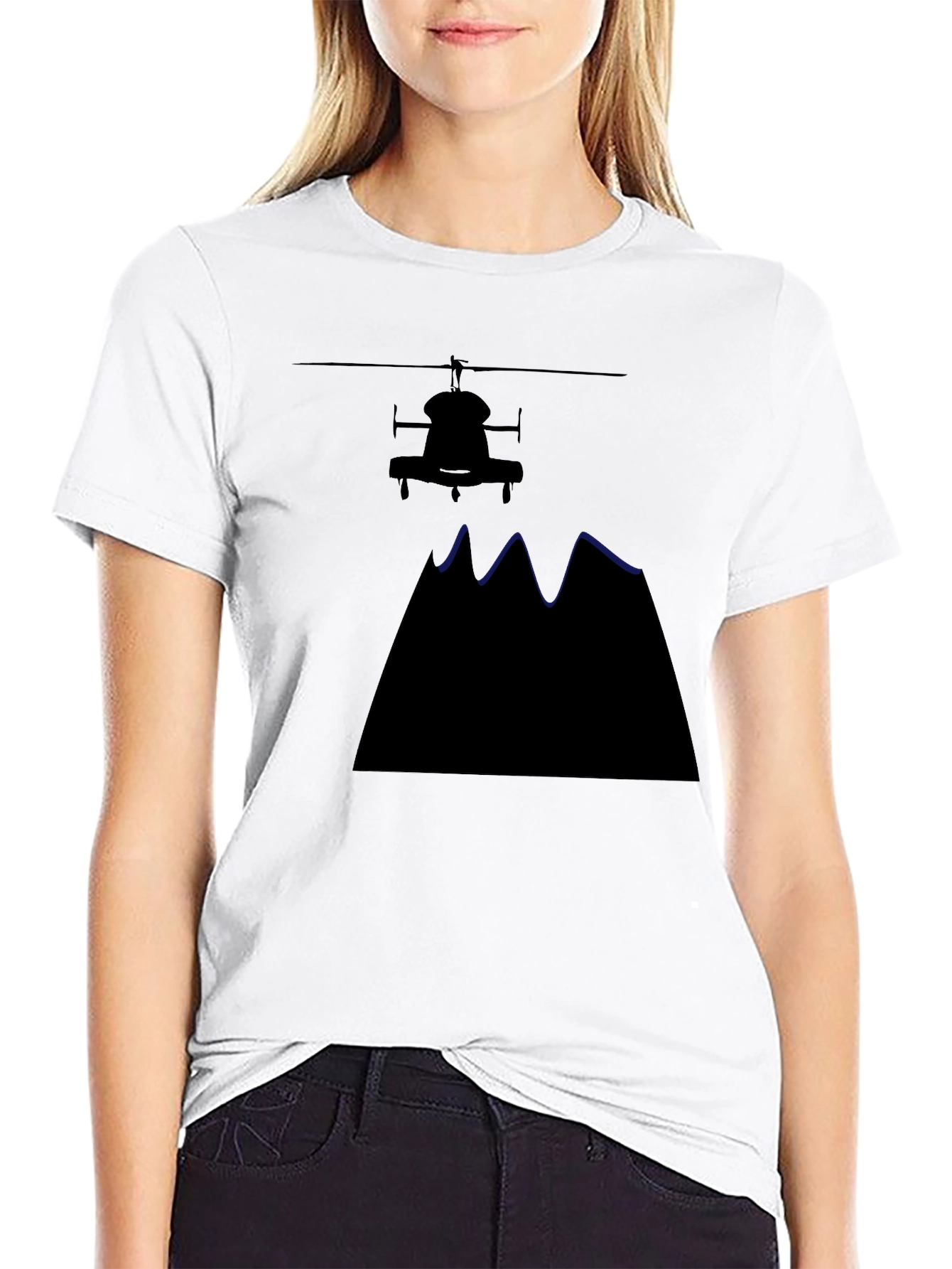 Helicopter Over Mountains Black T-Shirt